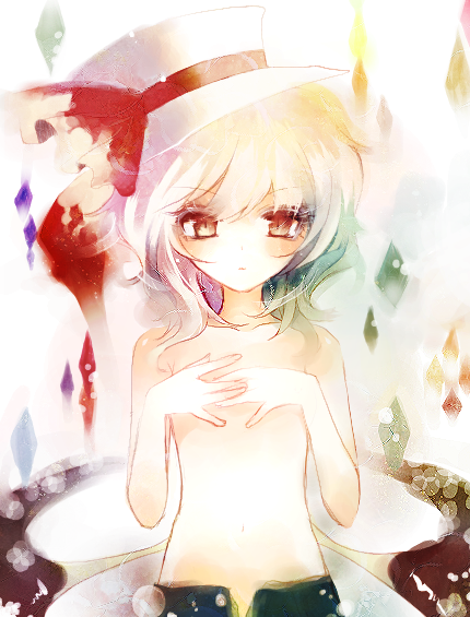 prino hawell, remilia scarlet, touhou, bad id, bad pixiv id, 1girl, bat wings, blue hair, female focus, flat chest, hat, loli, red eyes, short hair, solo, topless female, wings