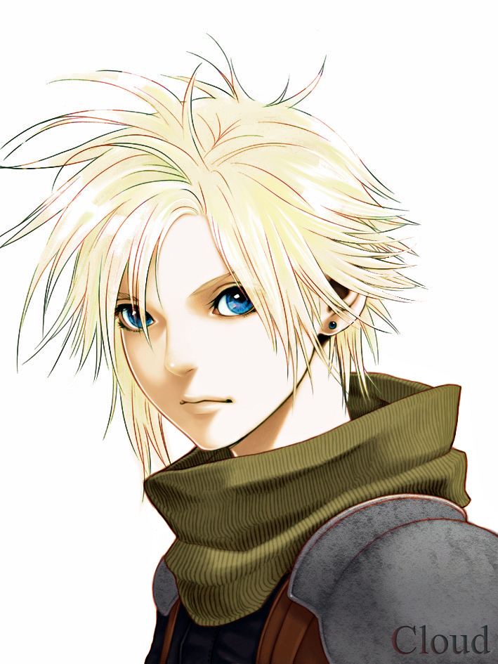 cs-zero, cloud strife, final fantasy, final fantasy vii, bad id, bad pixiv id, 1990s (style), 1boy, armor, blonde hair, blue eyes, earrings, jewelry, male focus, pauldrons, retro artstyle, shoulder armor, shoulder pads, simple background, solo, spiked hair