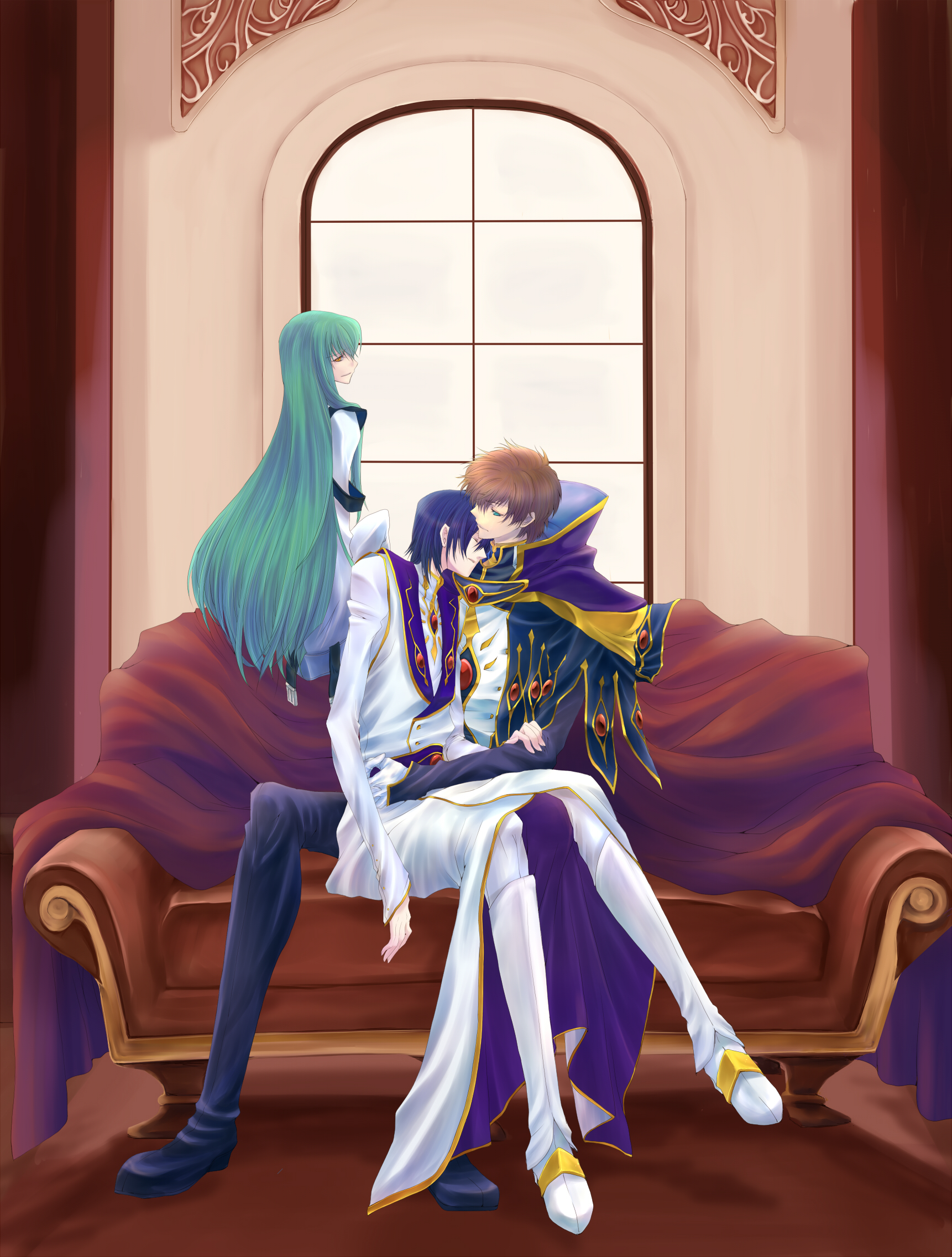 kaz10, nightmode, c.c., kururugi suzaku, lelouch vi britannia, code geass, highres, 00s, 1girl, 2boys, black hair, brown hair, closed eyes, couch, green eyes, green hair, holding, long hair, multiple boys, sleeping, window, yellow eyes