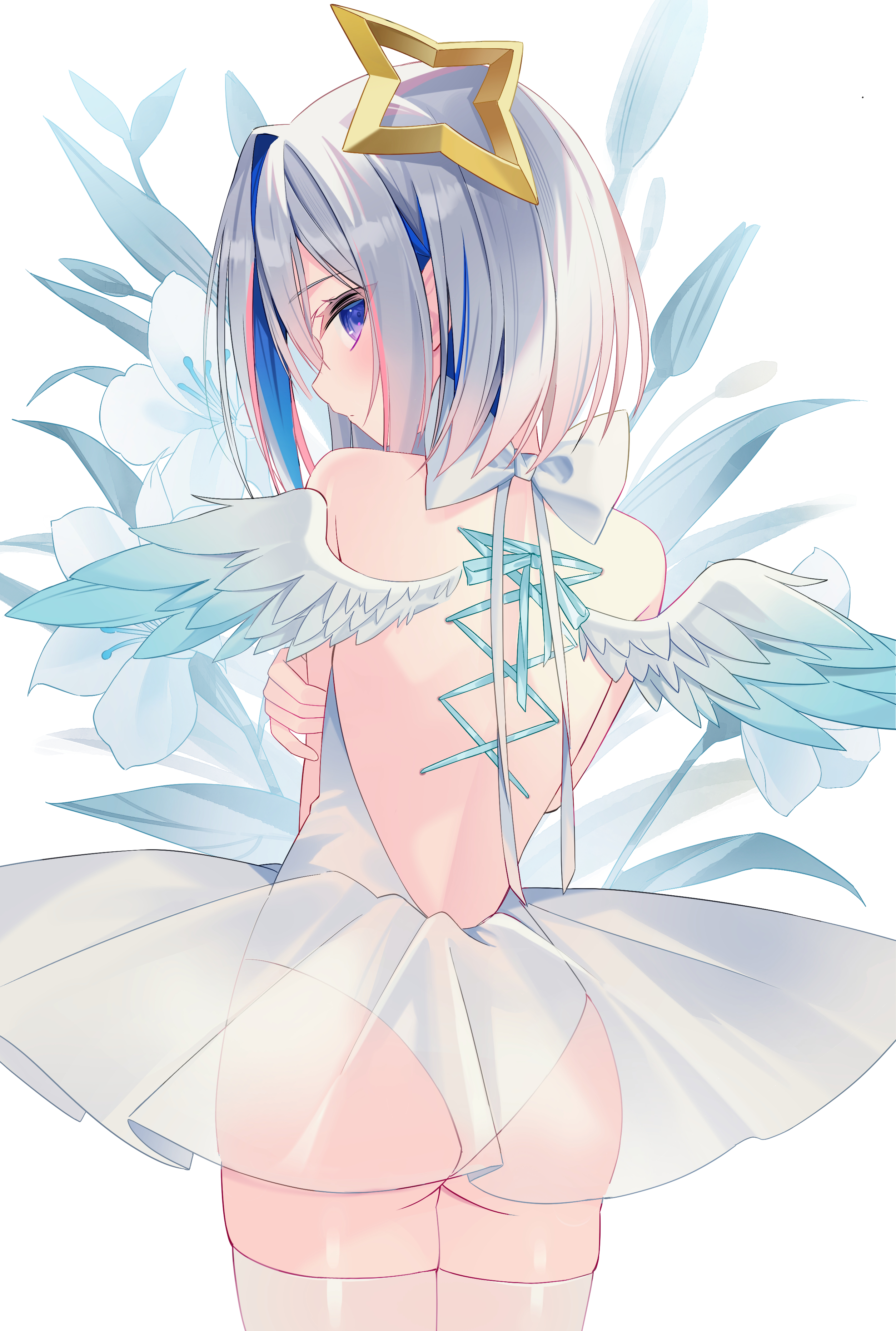 ureinnn, amane kanata, hololive, absurdres, commentary, highres, 1girl, angel wings, ass, backless leotard, ballet dress, bare shoulders, blue hair, blue wings, bob cut, colored inner hair, feathered wings, floral background, from behind, gradient wings, grey hair, halo, holding own arm, leotard, looking at viewer, looking back, median furrow, mini wings, multicolored hair, multicolored wings, pink hair, purple eyes, short hair, single hair intake, solo, star halo, streaked hair, tilted halo, virtual youtuber, whip, white background, white leotard, white wings, wings