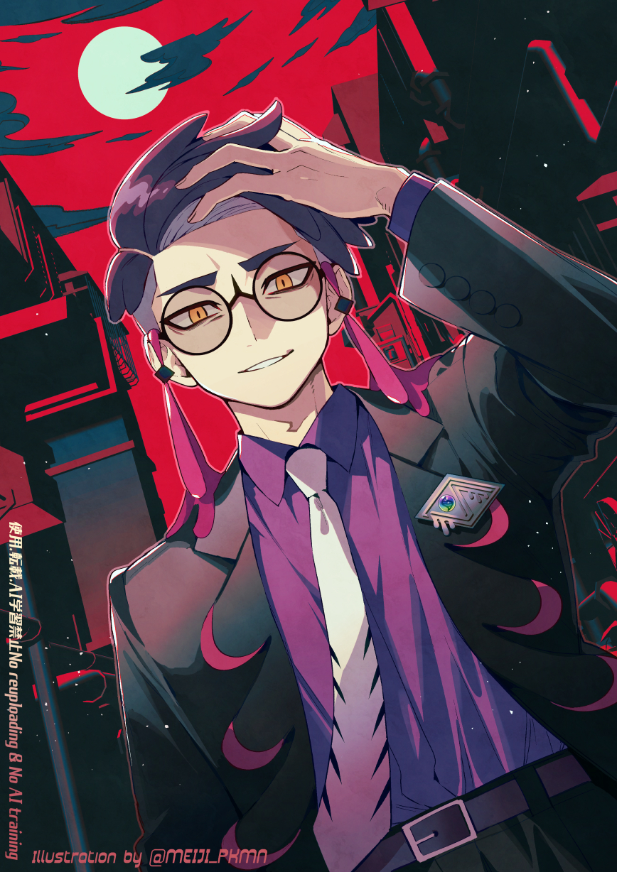 meiji ken, corbeau (pokemon), nintendo, pokemon, pokemon legends: z-a, commentary request, highres, 1boy, adjusting hair, belt, belt buckle, black-framed eyewear, black belt, black hair, black jacket, black pants, buckle, cloud, dark cloud, eyewear strap, glasses, hand on own head, jacket, long sleeves, looking at viewer, moon, necktie, orange eyes, pants, parted hair, purple shirt, red sky, round eyewear, shirt, short sideburns, sky, solo, undercut, white necktie