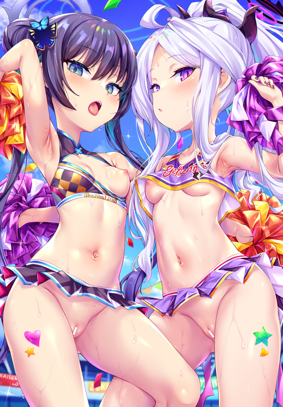 toraishi 666, hina (blue archive), kisaki (blue archive), blue archive, commentary request, highres, paid reward available, variant set, 2girls, alternate costume, arm up, armpits, bar censor, black hair, breasts, censored, cheerleader, crop top, hair bun, hair ornament, halo, holding, holding pom poms, horns, long hair, looking at viewer, miniskirt, multiple girls, navel, nipples, one breast out, open mouth, outdoors, pleated skirt, pom pom (cheerleading), pom poms, purple eyes, pussy, skirt, sleeveless, small breasts, stomach, sweat, tongue, twintails, white hair