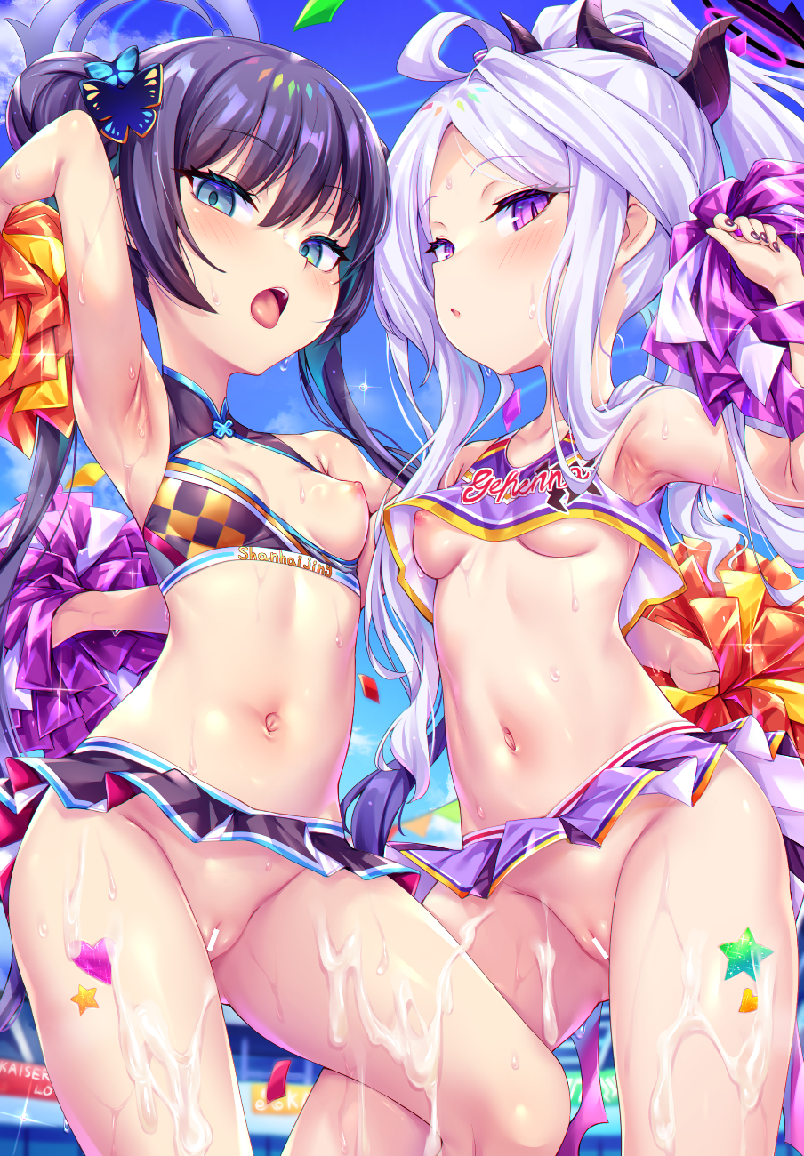 toraishi 666, hina (blue archive), kisaki (blue archive), blue archive, commentary request, highres, paid reward available, variant set, 2girls, alternate costume, arm up, armpits, black hair, breasts, butterfly hair ornament, censored, cheerleader, crop top, cum, hair bun, hair ornament, halo, holding, holding pom poms, horns, long hair, looking at viewer, microskirt, miniskirt, multiple girls, navel, nipples, one breast out, open mouth, outdoors, parted bangs, pleated skirt, pom pom (cheerleading), pom poms, purple eyes, pussy, skirt, sleeveless, small breasts, stomach, tongue, twintails, white hair