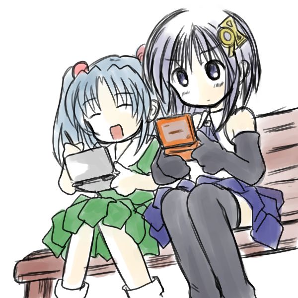 98-tan, 98se-tan, os-tan, 2girls, bench, blue hair, child, handheld game console, multiple girls, nintendo ds, park bench, playing games, smile