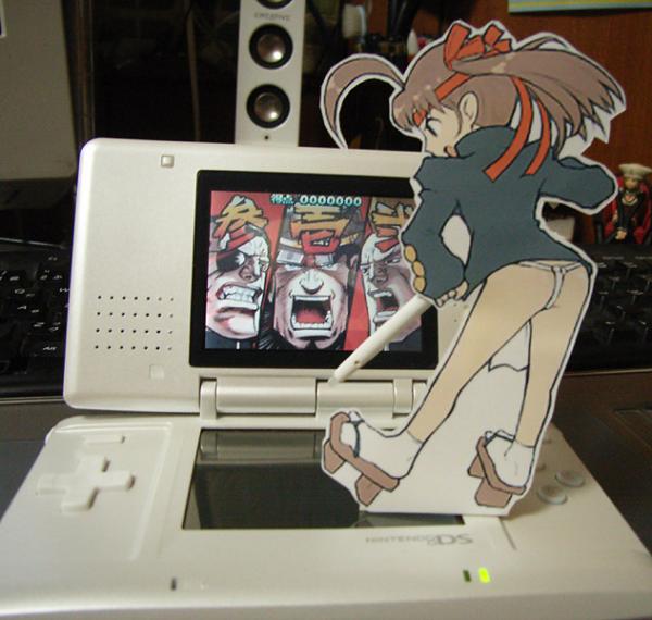 original, osu! tatakae! ouendan, photo (medium), 2girls, 3boys, ahoge, ass, blazer, bow, brown hair, figure, from behind, fundoshi, game console, geta, hair bow, hair ornament, handheld game console, headband, huge ahoge, leaning forward, multiple boys, multiple girls, nintendo ds, no pants, open mouth, ouendan, paper child, papercraft, profile, socks, standing, twintails, video game