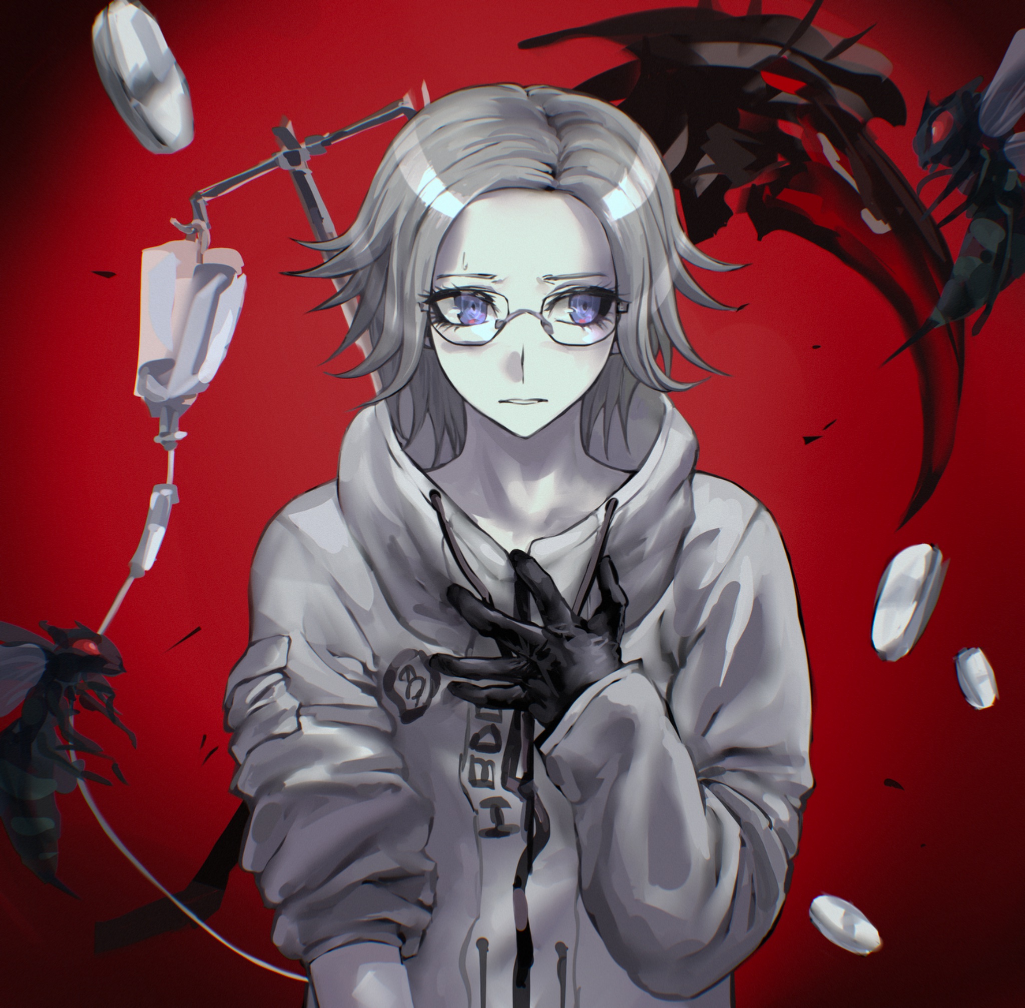aotsuki eito, the hundred line -last defense academy-, commentary, hashtag-only commentary, highres, 1boy, glasses, gloves, grey hair, hand on own chest, intravenous drip, iv stand, jacket, looking to the side, male focus, nonamesiamese, parted lips, pill, purple eyes, red background, red eyes, scythe, short hair, sleeve pouch, sleeve rolled up, solo, sweatdrop, upper body, wasp, weapon, white jacket