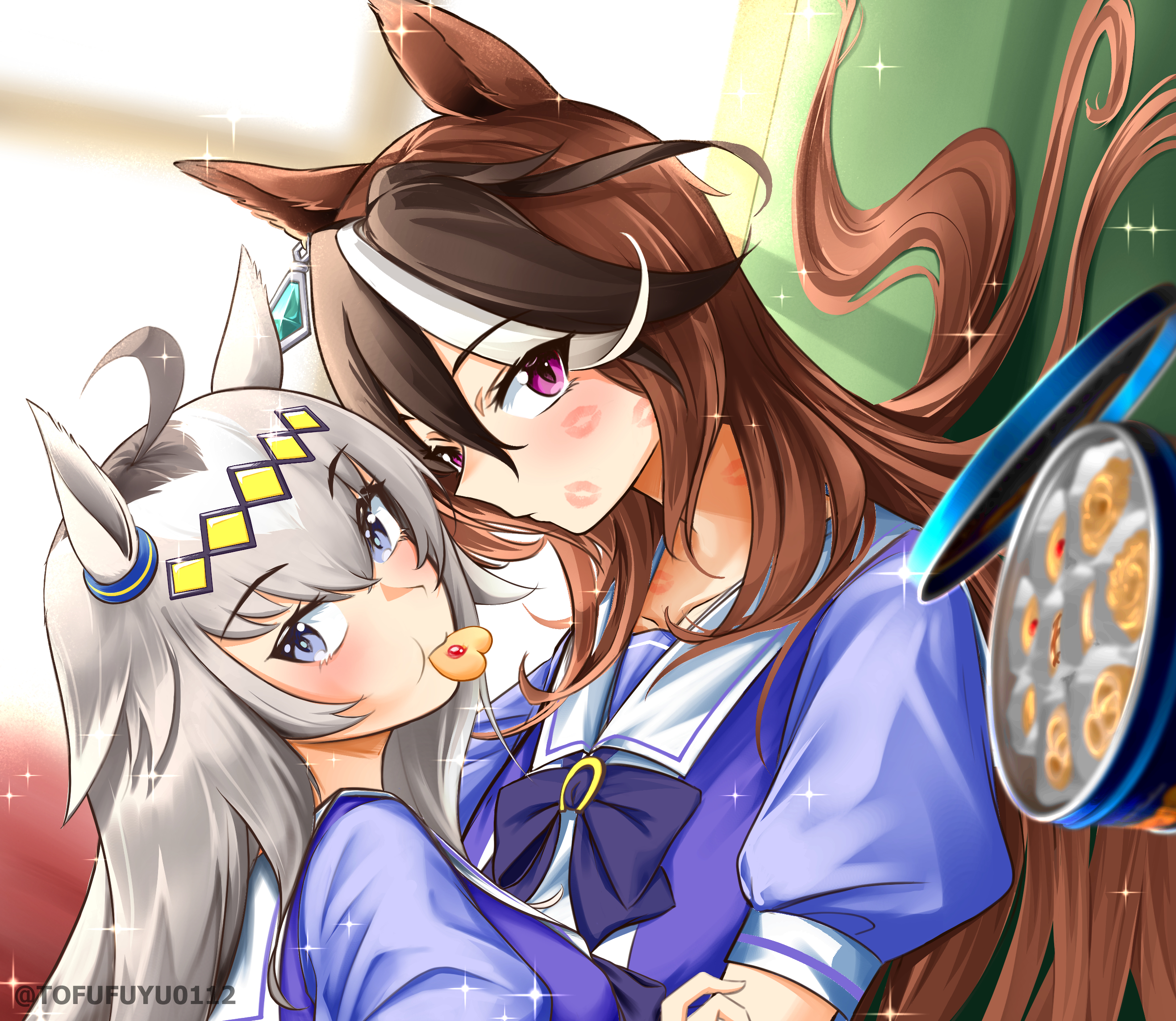 tofufuyu0112, oguri cap (umamusume), symboli rudolf (umamusume), umamusume, highres, 2girls, after kiss, ahoge, animal ears, blue eyes, blush, bow, bowtie, brown hair, closed mouth, cookie, cookie tin (object), ear ornament, earrings, food, food in mouth, grey hair, hair between eyes, hair ornament, hairband, horse ears, horse girl, indoors, jewelry, kiss, lipstick mark, long hair, multicolored hair, multiple girls, puffy short sleeves, puffy sleeves, purple bow, purple eyes, purple shirt, sailor collar, sailor shirt, school uniform, shirt, short sleeves, single earring, streaked hair, tracen school uniform, upper body, white hair, white sailor collar, yuri