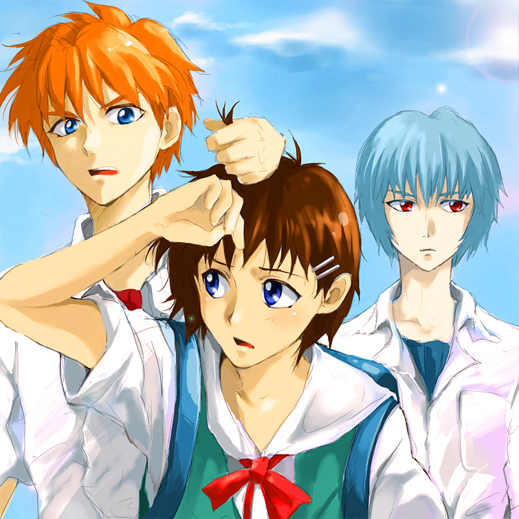 mmc6310 (pixiv), omi (mmc6310), ayanami rei, ayanami reiji, ikari shinji, shin-chan (evangelion), souryuu asuka langley, souryuu asuma langley, neon genesis evangelion, bad id, bad pixiv id, 1girl, 2boys, androgynous, angry, blue eyes, blue hair, brown hair, bullying, clenched hand, clenched hands, cloud, day, genderswap, genderswap (ftm), genderswap (mtf), grabbing another's hair, hair ornament, hairclip, holding another's hair, lens flare, multiple boys, outdoors, red eyes, red hair, school uniform, short hair, sky
