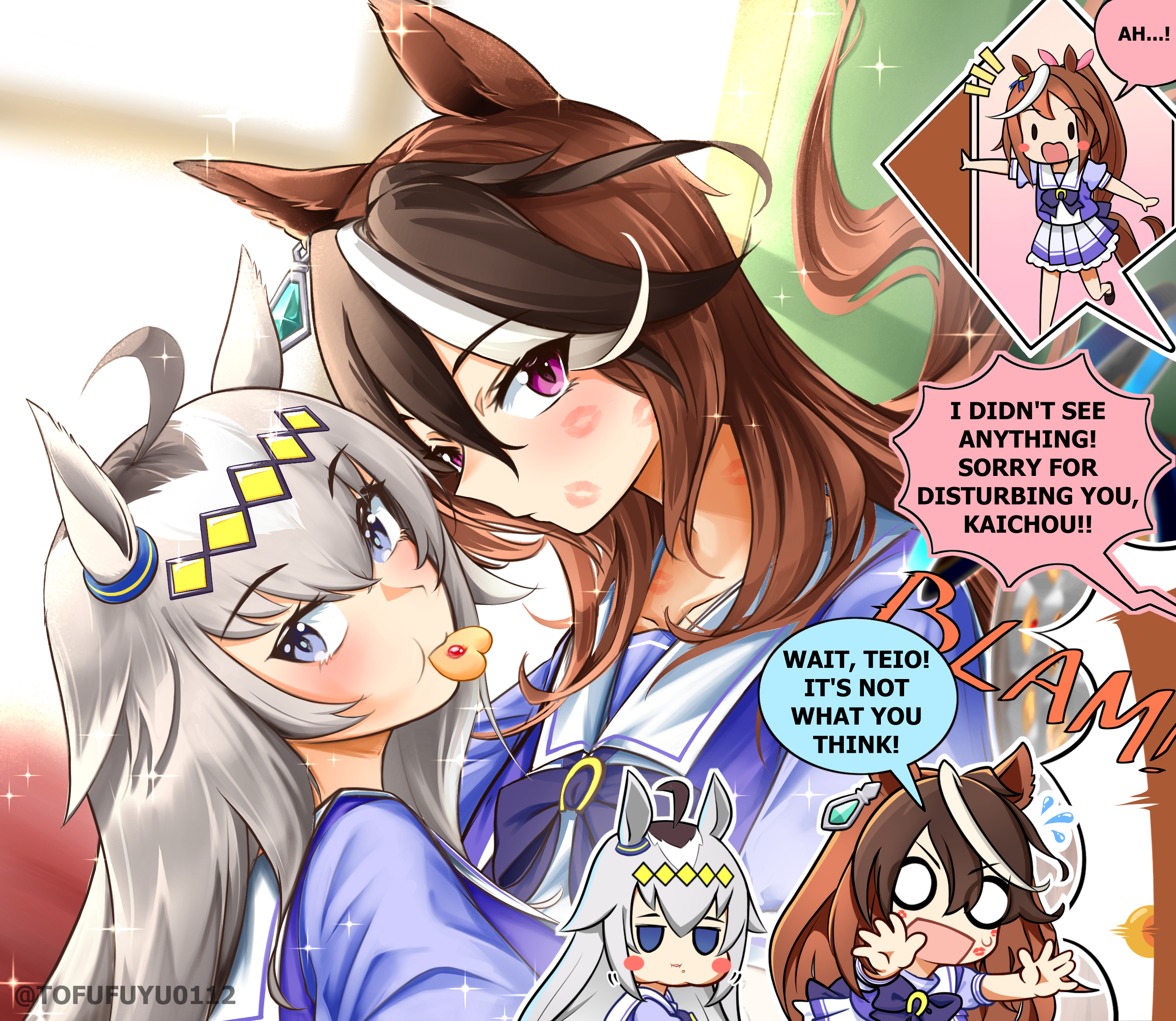 tofufuyu0112, oguri cap (umamusume), symboli rudolf (umamusume), tokai teio (umamusume), umamusume, highres, 3girls, after kiss, ahoge, animal ears, blue eyes, blush, bow, bowtie, brown hair, closed eyes, closed mouth, cookie, cookie tin (object), ear ornament, earrings, english text, food, food in mouth, grey hair, hair between eyes, hair ornament, hairband, horse ears, horse girl, indoors, jewelry, kiss, lipstick mark, long hair, multicolored hair, multiple girls, o o, open mouth, puffy short sleeves, puffy sleeves, purple bow, purple eyes, purple shirt, sailor collar, sailor shirt, school uniform, shirt, short sleeves, single earring, speech bubble, streaked hair, tracen school uniform, upper body, white hair, white sailor collar, yuri