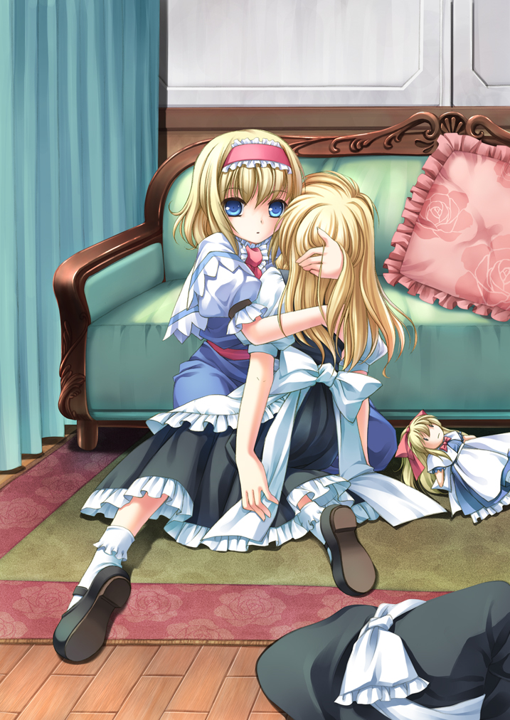 takatsukasa yue, alice margatroid, kirisame marisa, shanghai doll, touhou, 2girls, blonde hair, blue eyes, couch, curtains, doll, female focus, floral print, frilled pillow, frills, hairband, hat, hug, mary janes, multiple girls, no headwear, pillow, ribbon, rug, shoes, sunlight, unconscious, unworn hat, unworn headwear, witch, witch hat, yandere, yuri, | |
