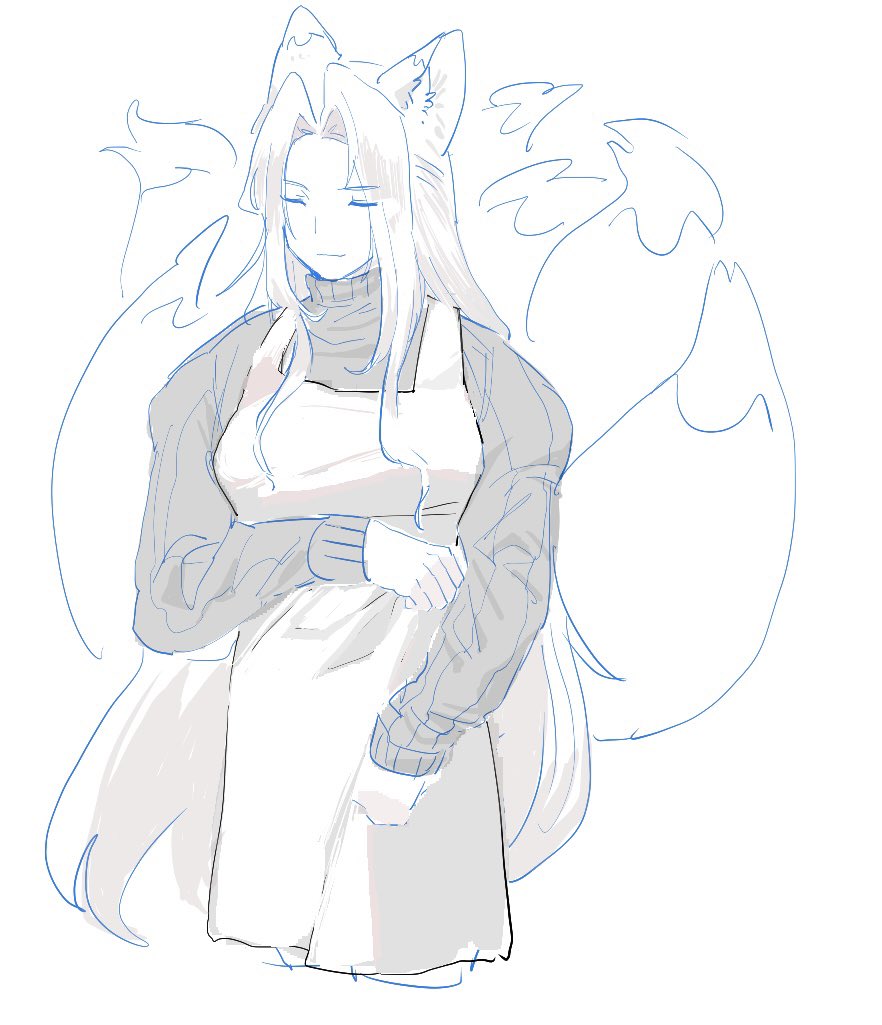 hattouissenbaka, sephiroth, 1boy, alternate costume, androgynous, animal ears, apron, arm across chest, closed eyes, fox boy, fox ears, fox tail, greyscale, hand up, kitsune, light smile, long bangs, long hair, male focus, monochrome, multiple tails, parted bangs, sketch, solo, sweater, tail, turtleneck, turtleneck sweater, upper body, very long hair, white background