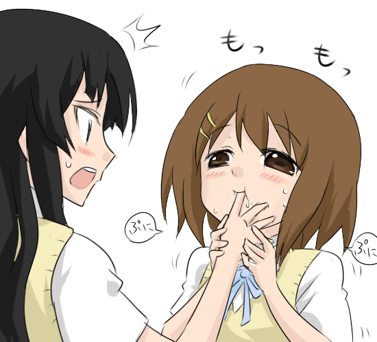 oro (artist), oro (zetsubou girl), akiyama mio, hirasawa yui, k-on!, finger in mouth, 00s, 2girls, black eyes, black hair, brown eyes, brown hair, finger sucking, hair ornament, hairclip, long hair, multiple girls, open mouth, school uniform, short hair, yuri