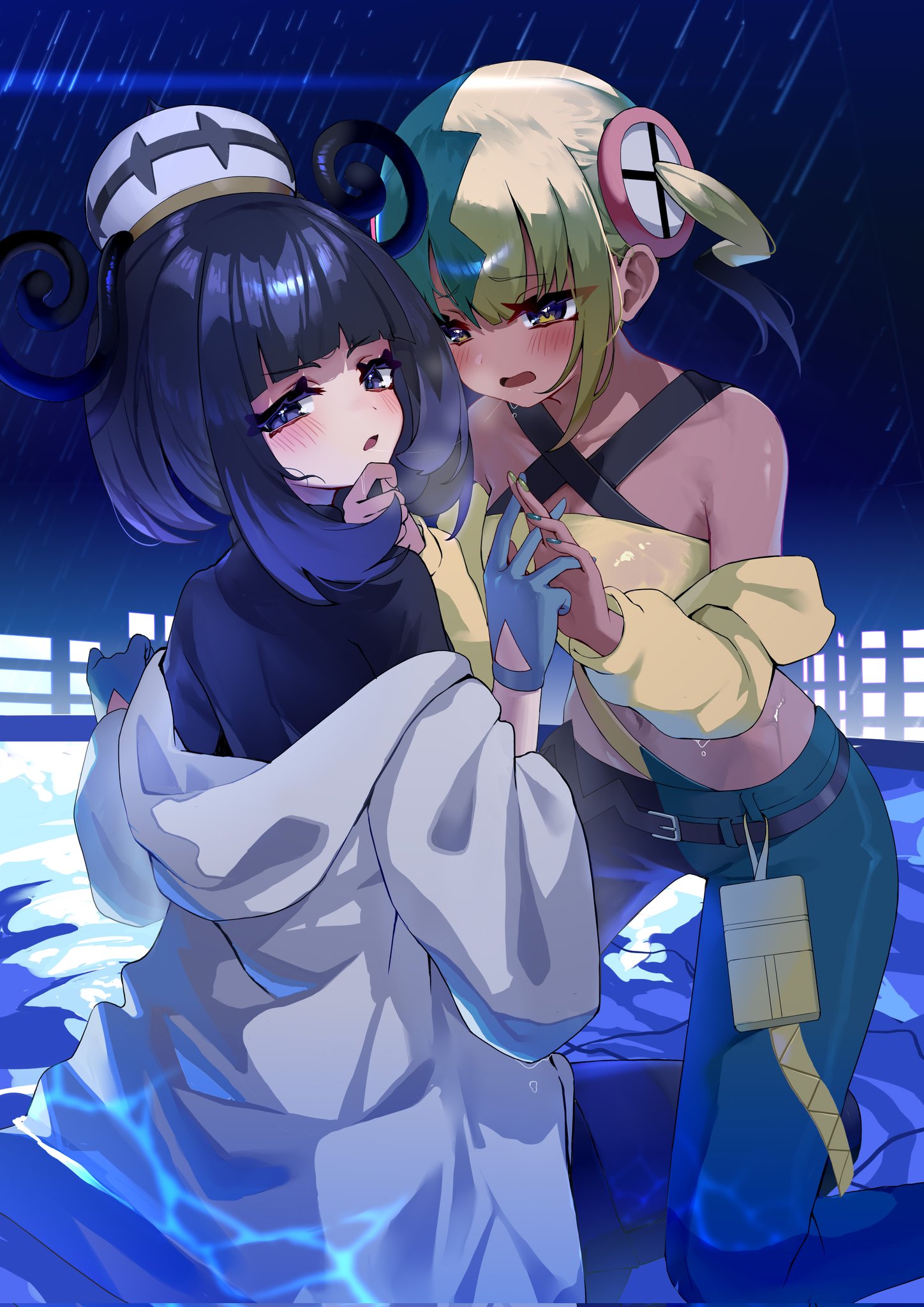 trap (drthumt), canari (pokemon), gwynn (pokemon), nintendo, pokemon, pokemon legends: z-a, highres, 2girls, after kiss, aqua hair, aqua pants, black dress, black hair, black pants, blonde hair, blue gloves, blunt bangs, blush, bob cut, coat, crop top, dark-skinned female, dark skin, dress, eyelashes, gloves, gradient hair, hand on another's chin, hat, interlocked fingers, long sleeves, looking at another, multicolored hair, multicolored nails, multiple girls, navel, off shoulder, open mouth, pants, purple eyes, purple hair, saliva, saliva trail, short hair, split-color hair, two-tone nails, two-tone pants, white coat, yuri