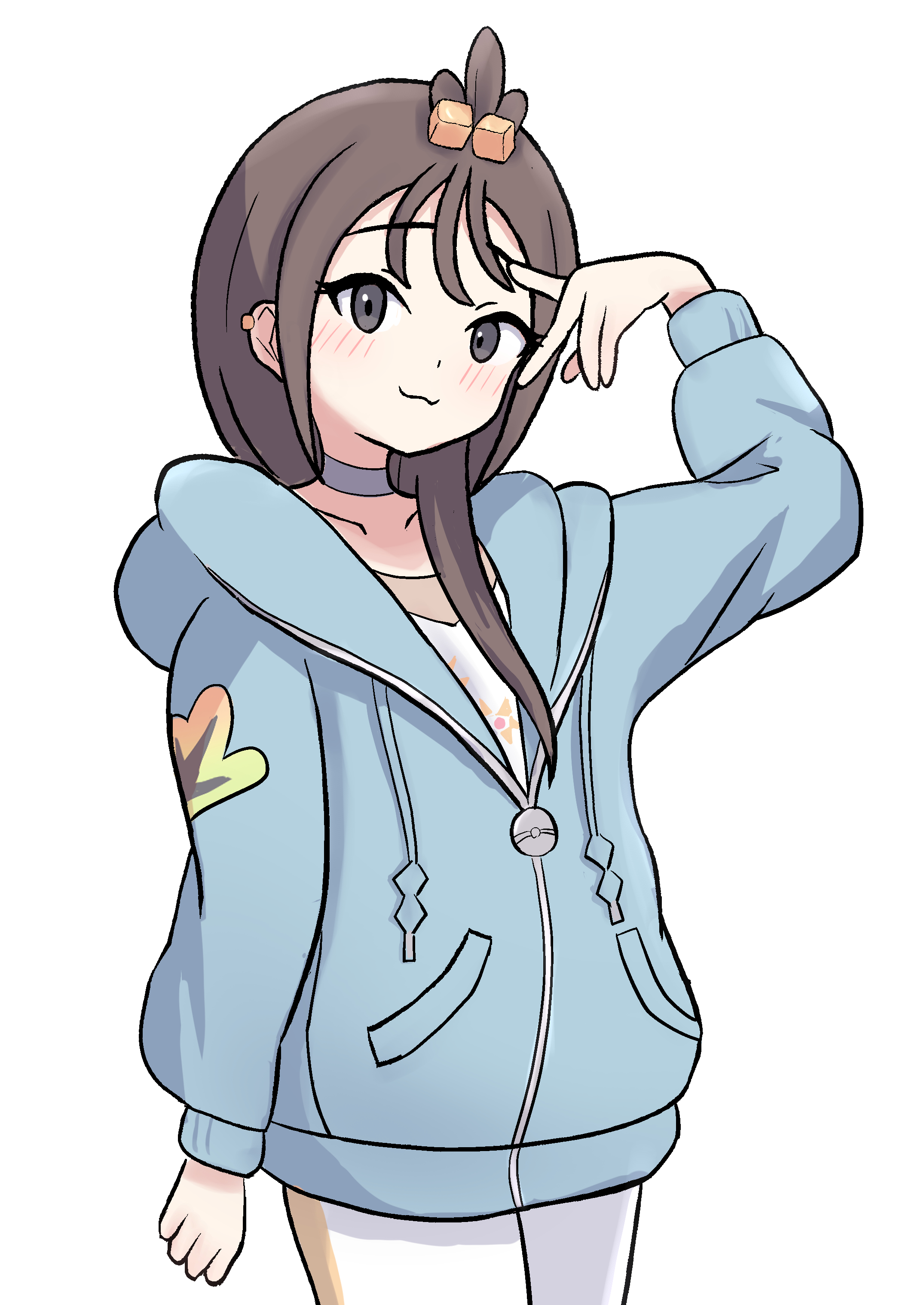 edoedoon, lida (pokemon), nintendo, pokemon, pokemon legends: z-a, absurdres, commentary request, highres, 1girl, blue hoodie, blush, choker, closed mouth, collarbone, cowboy shot, cube hair ornament, grey eyes, hair ornament, hand up, hood, hood down, hoodie, leggings, long hair, long sleeves, shirt, simple background, smile, solo, tassel, white background, zipper pull tab
