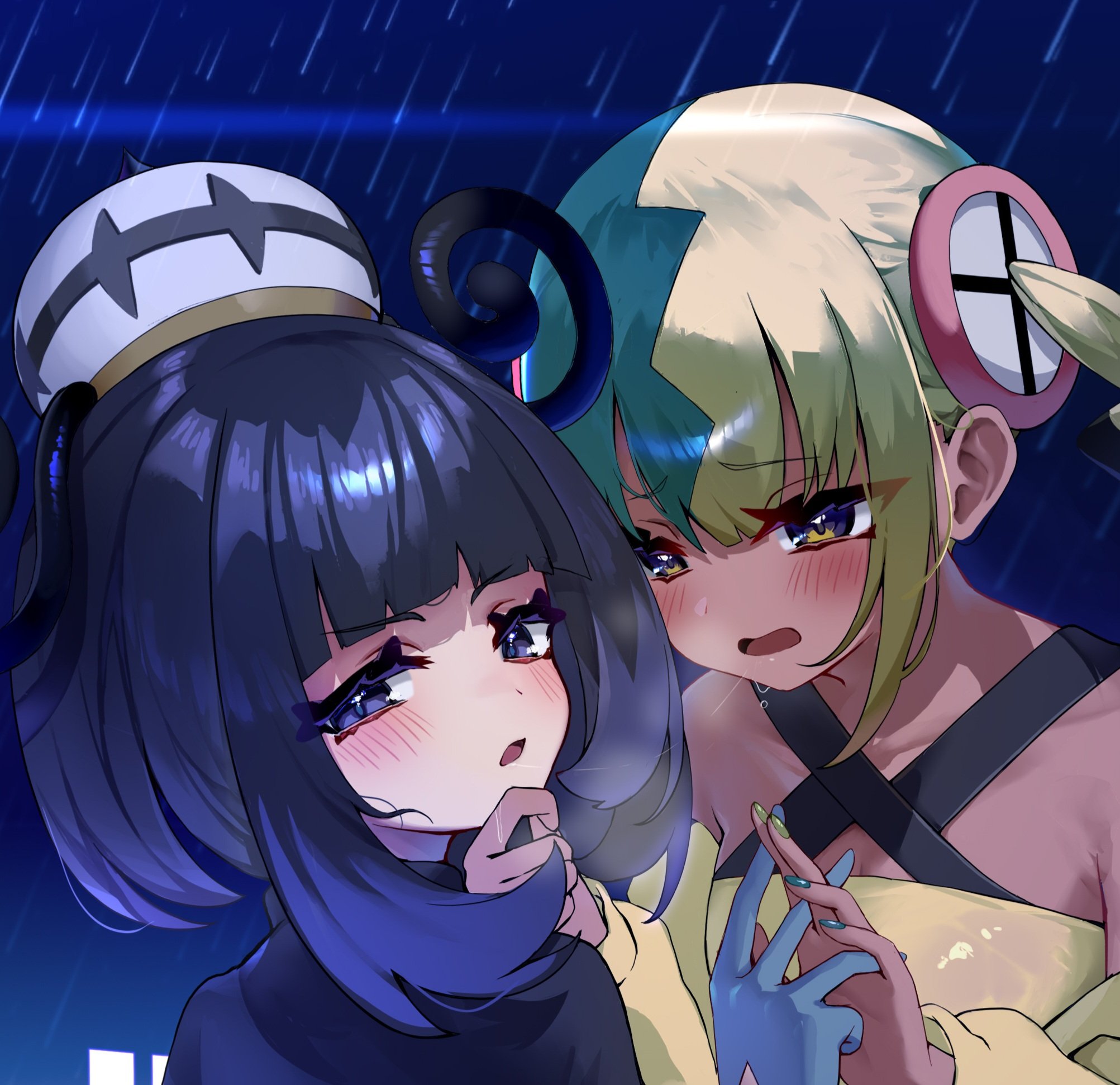 trap (drthumt), canari (pokemon), gwynn (pokemon), nintendo, pokemon, pokemon legends: z-a, highres, 2girls, after kiss, aqua hair, black hair, blonde hair, blue gloves, blunt bangs, blush, bob cut, crop top, dark-skinned female, dark skin, eyelashes, gloves, gradient hair, hand on another's chin, hat, interlocked fingers, long sleeves, looking at another, multicolored hair, multicolored nails, multiple girls, open mouth, purple eyes, purple hair, saliva, saliva trail, short hair, split-color hair, two-tone nails, yuri