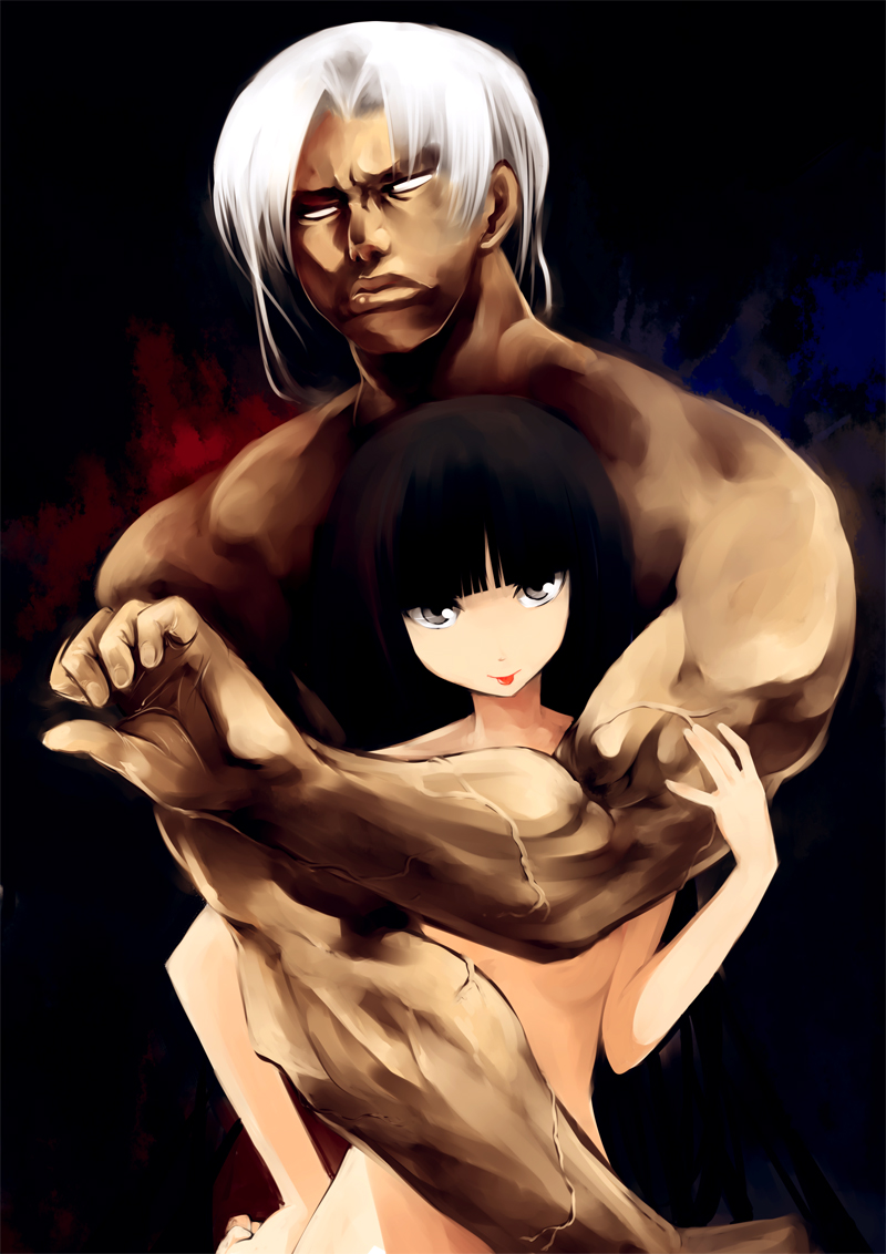 pino (birthdayparty), pino (pixiv), houraisan kaguya, yagokoro eirin, touhou, 1boy, 1girl, :p, black hair, genderswap, genderswap (ftm), muscular, nude, tongue, tongue out