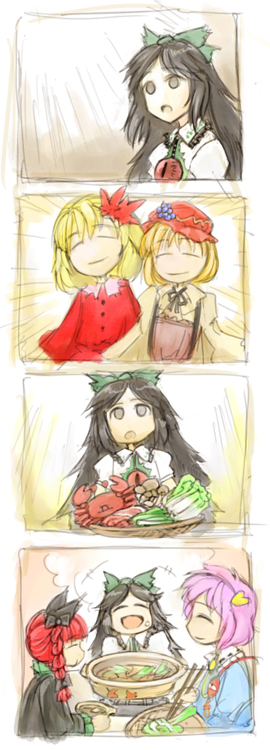 cervus, aki minoriko, aki shizuha, kaenbyou rin, komeiji satori, reiuji utsuho, touhou, 5girls, animal ears, blonde hair, braid, brown hair, cat ears, cat girl, comic, female focus, hair ribbon, hat, long hair, multiple girls, pink hair, red hair, ribbon, short hair, upper body