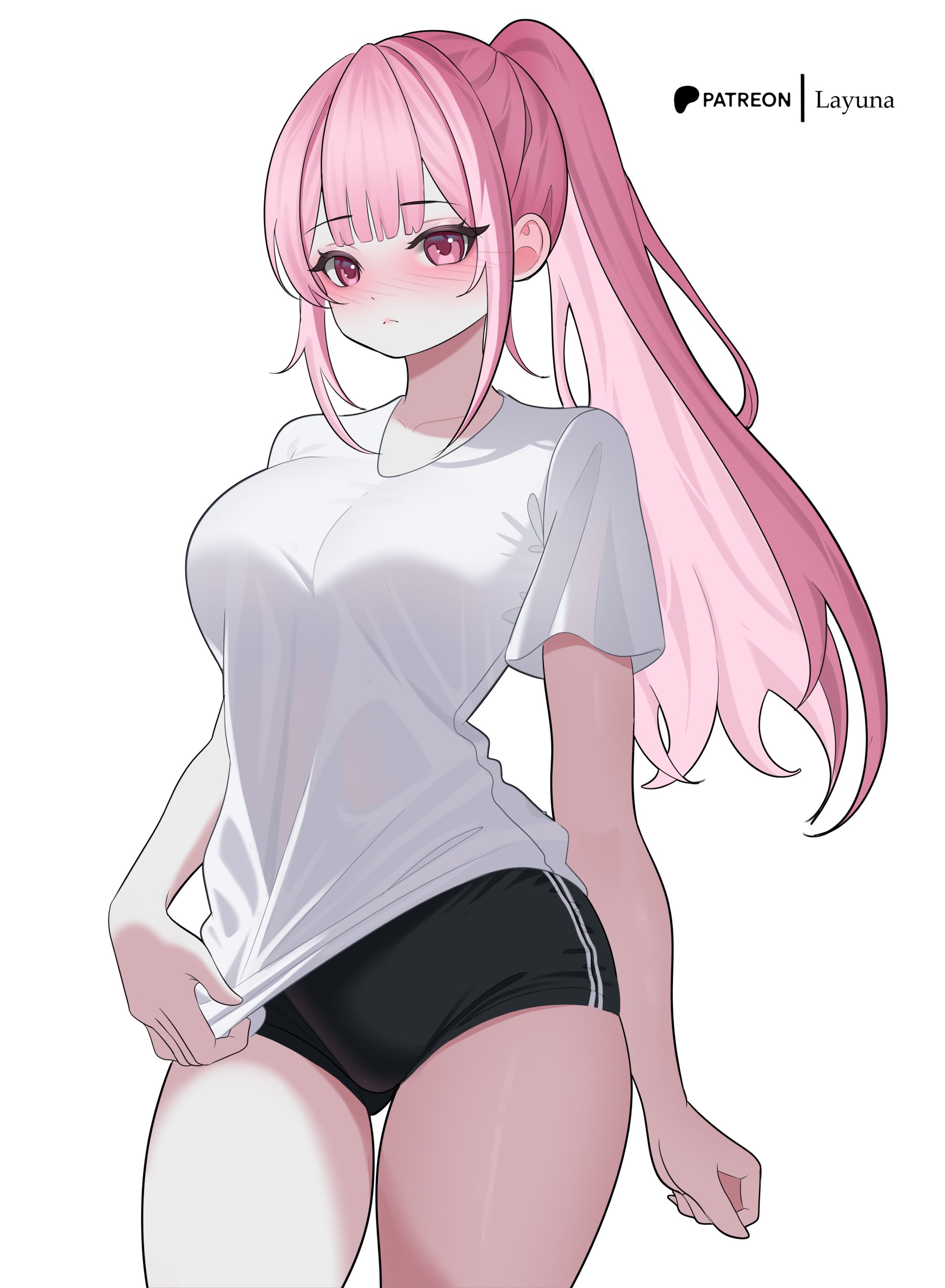 layunaart, mori calliope, hololive, hololive english, absurdres, commentary, english commentary, highres, 1girl, artist name, black buruma, blush, breasts, buruma, closed mouth, high ponytail, large breasts, long hair, looking at viewer, patreon username, pink eyes, pink hair, ponytail, shirt, shirt tug, short sleeves, simple background, solo, thighs, virtual youtuber, white background, white shirt
