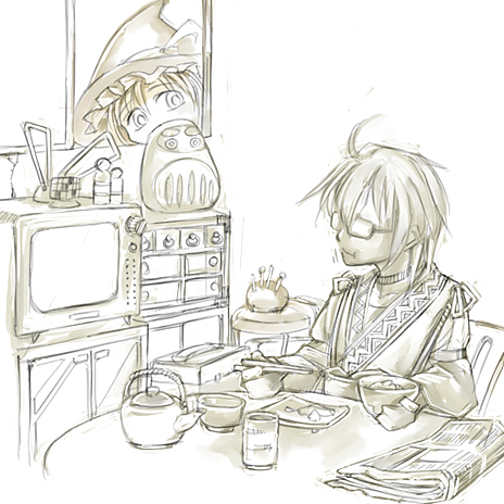 cervus, kirisame marisa, morichika rinnosuke, curiosities of lotus asia, touhou, lowres, 1boy, 1girl, bowl, chopsticks, cup, daruma doll, eating, food, glasses, hat, kettle, monochrome, newspaper, peeking, short hair, teacup, television, white background, witch, witch hat