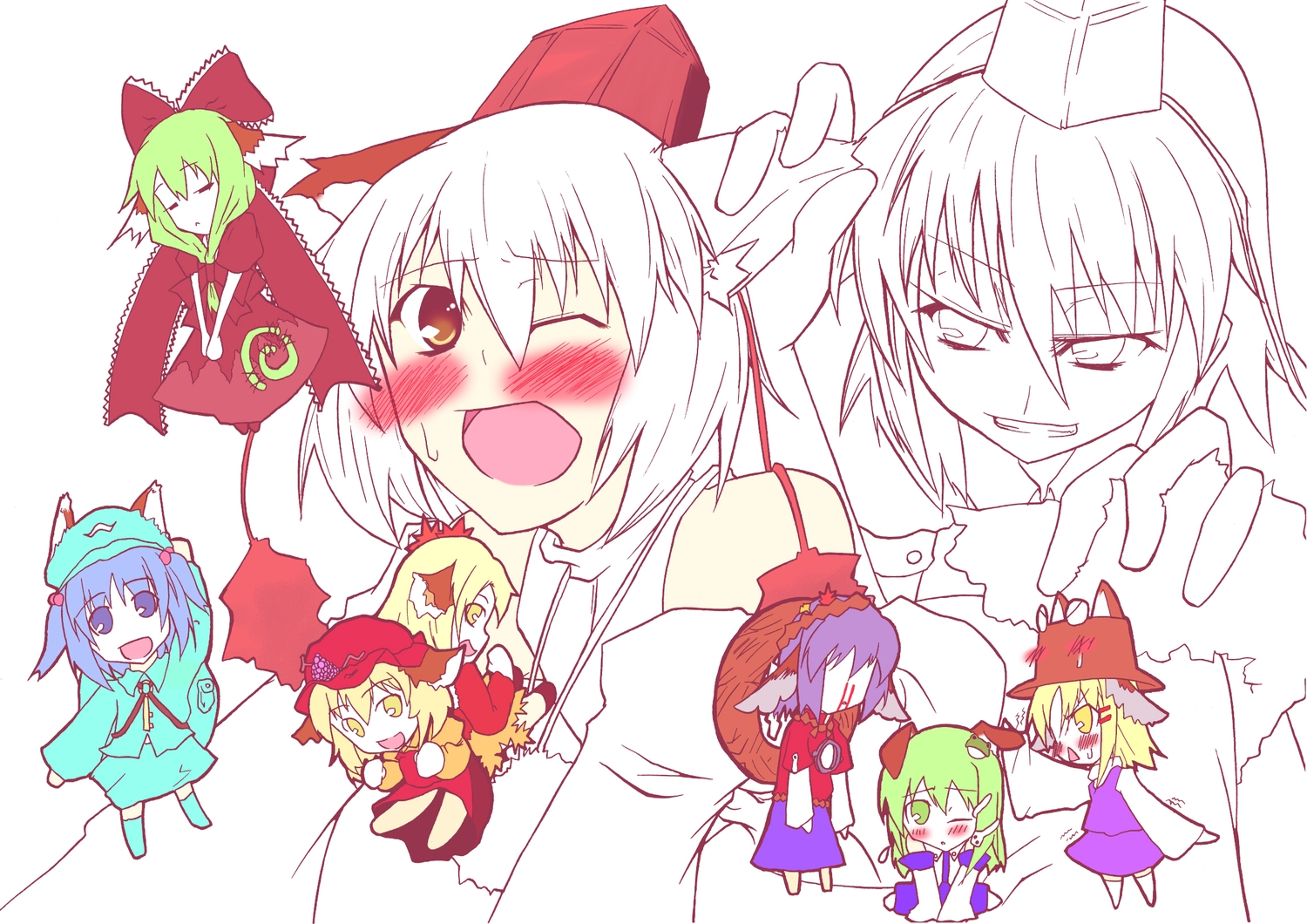 kasshu, katori somekoo, aki minoriko, aki shizuha, inubashiri momiji, kagiyama hina, kawashiro nitori, kochiya sanae, moriya suwako, shameimaru aya, yasaka kanako, touhou, bad id, bad pixiv id, 6+girls, animal ears, chibi, dog ears, dog tail, female focus, multiple girls, tail, two side up, wolf ears