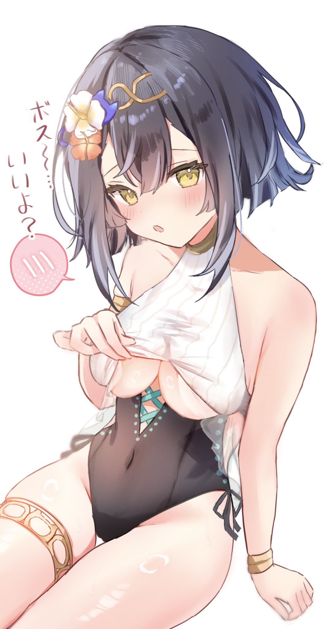 natukisigure, amber (stella sora), stella sora, commentary request, highres, translated, arm support, bare shoulders, black hair, black one-piece swimsuit, blush, bracelet, breasts, cleavage, clothing cutout, collarbone, covered navel, flower, hair between eyes, hair flower, hair ornament, halterneck, head tilt, headpiece, jewelry, large breasts, medium hair, official alternate costume, one-piece swimsuit, open mouth, paizuri invitation, simple background, sitting, spoken blush, swimsuit, thigh strap, two-tone swimsuit, underboob cutout, white background, white one-piece swimsuit, yellow eyes