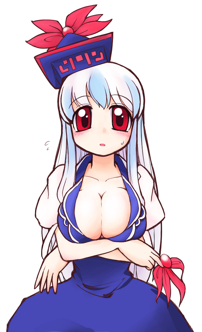 sotto, kamishirasawa keine, touhou, breast hold, 1girl, blue hair, blush, breasts, cleavage, dress, female focus, hat, large breasts, long hair, red eyes, simple background, solo, white background