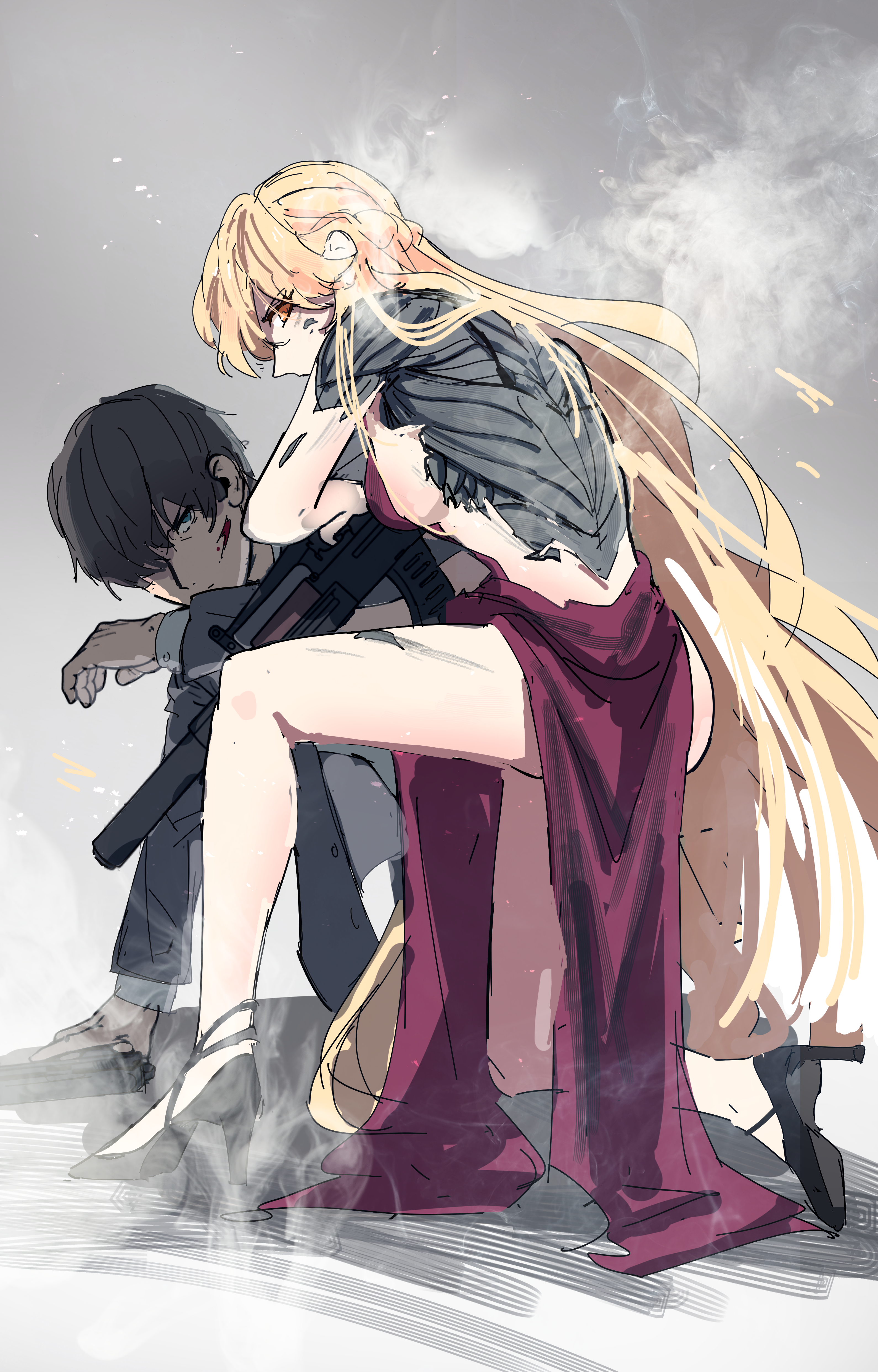 shino duka, commander (girls' frontline), ots-14 (girls' frontline), ots-14 (sangria succulent) (girls' frontline), girls' frontline, girls' frontline 2: exilium, absurdres, highres, 1boy, 1girl, android, assault rifle, blonde hair, blood, blood on face, blue eyes, breasts, bullpup, covering another, damaged, dress, evening gown, formal clothes, full body, glaring, grey hair, gun, high heels, long hair, mechabare, medium breasts, orange eyes, ots-14 groza, rifle, short hair, steaming body, suit, very long hair, weapon