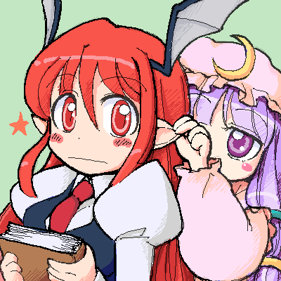sotto, koakuma, patchouli knowledge, embodiment of scarlet devil, touhou, lowres, 2girls, bat wings, book, chibi, female focus, hat, head wings, long hair, multiple girls, pointy ears, poking, purple eyes, purple hair, red eyes, red hair, simple background, upper body, wings