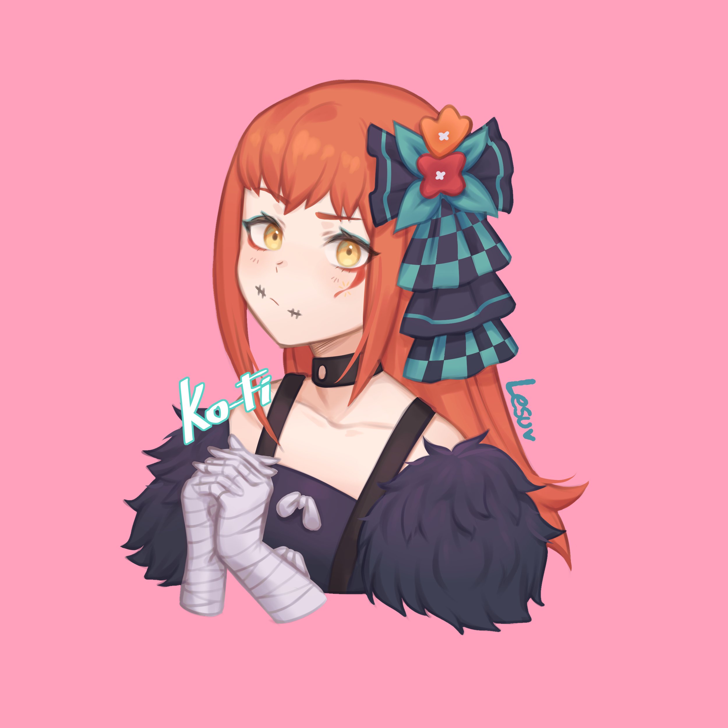 lesu, panette (fire emblem), fire emblem, fire emblem engage, nintendo, absurdres, commentary, commission, highres, ko-fi commission, 1girl, artist name, bandaged arm, bandages, black dress, blush, closed mouth, dress, feather trim, hair ornament, long hair, looking at viewer, makeup, orange hair, own hands together, pink background, simple background, solo, yellow eyes