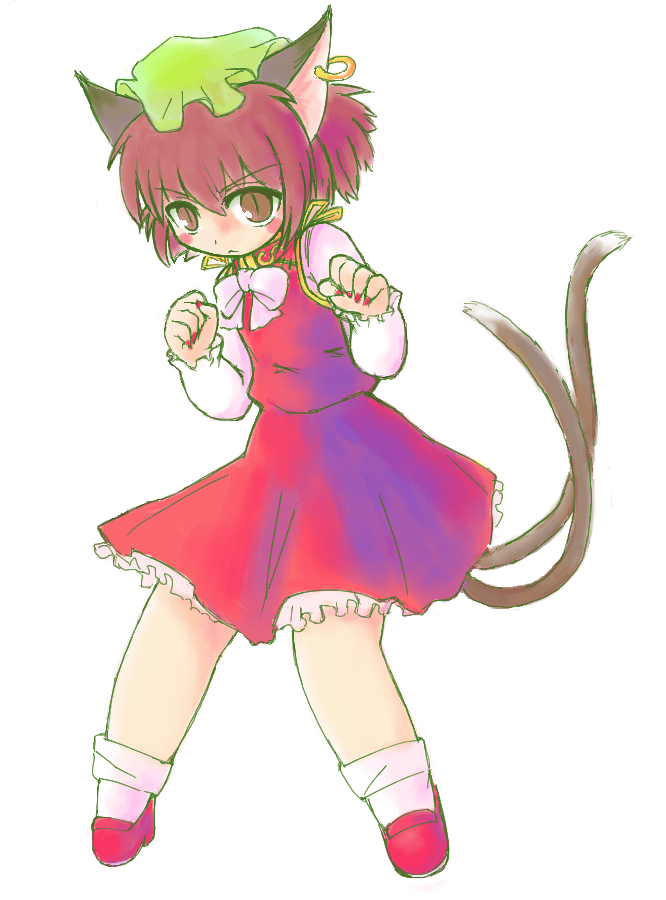 sotto, chen, touhou, 1girl, :<, animal ears, brown hair, cat ears, cat girl, cat tail, chibi, dress, earrings, female focus, full body, hat, jewelry, multiple tails, short hair, simple background, slit pupils, solo, tail, white background