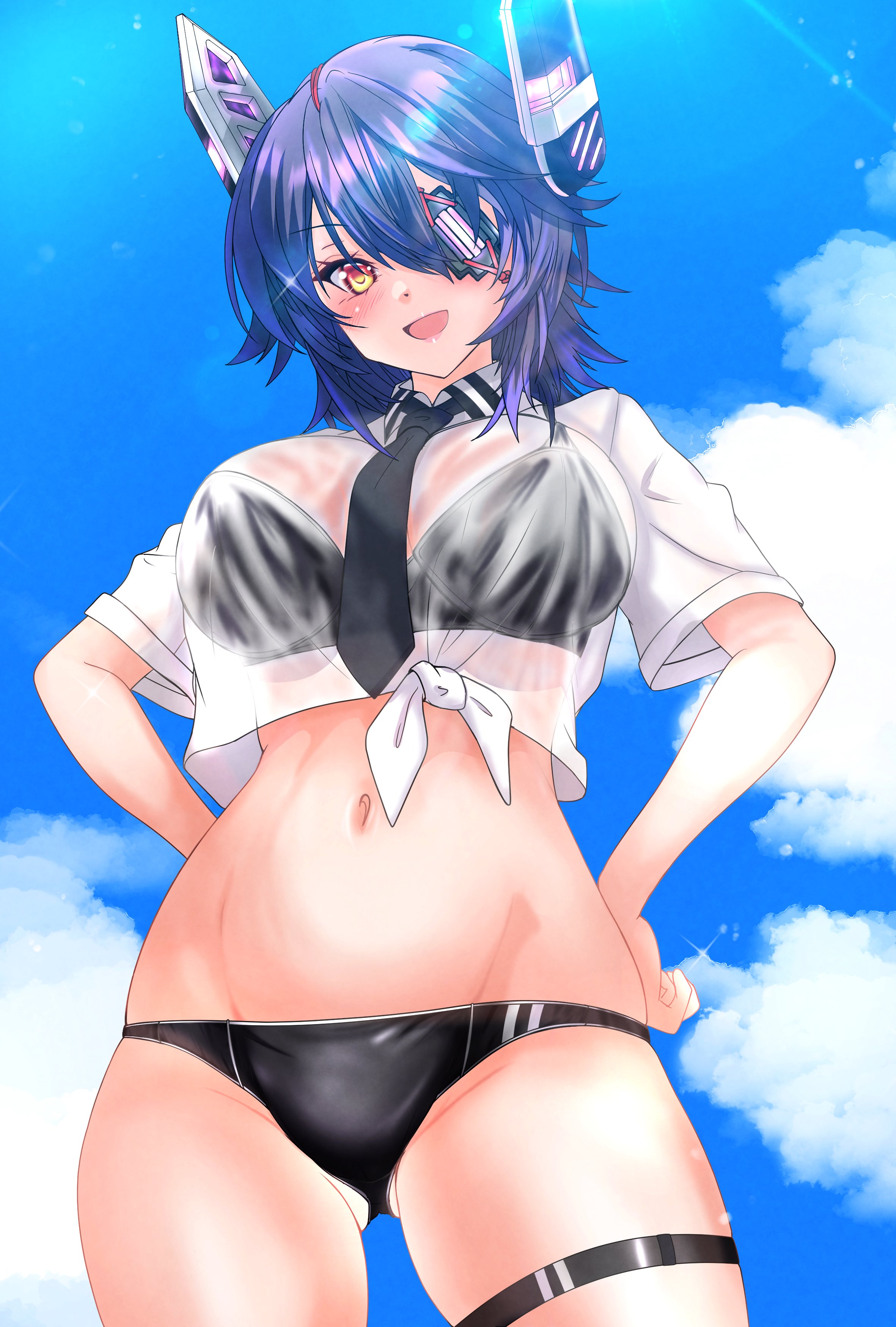 nitamako (sakamalh), tenryuu (kancolle), tenryuu kai ni (kancolle), kantai collection, absurdres, commentary request, highres, 1girl, bikini, bikini under clothes, bikini visible through clothes, black bikini, black necktie, blue sky, cloud, collared shirt, dress shirt, eyepatch, hair between eyes, hands on own hips, headgear, necktie, purple hair, see-through clothes, see-through shirt, shirt, short hair, sky, smile, solo, swimsuit, thigh strap, tied shirt, wet, wet clothes, white shirt, yellow eyes