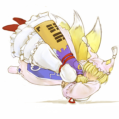 cervus, yakumo ran, yakumo yukari, touhou, lowres, 2girls, animal hat, blonde hair, ddt, female focus, fox tail, hat, long sleeves, mob cap, multiple girls, shoes, short hair, tail, tassel, white background, wide sleeves, wrestling