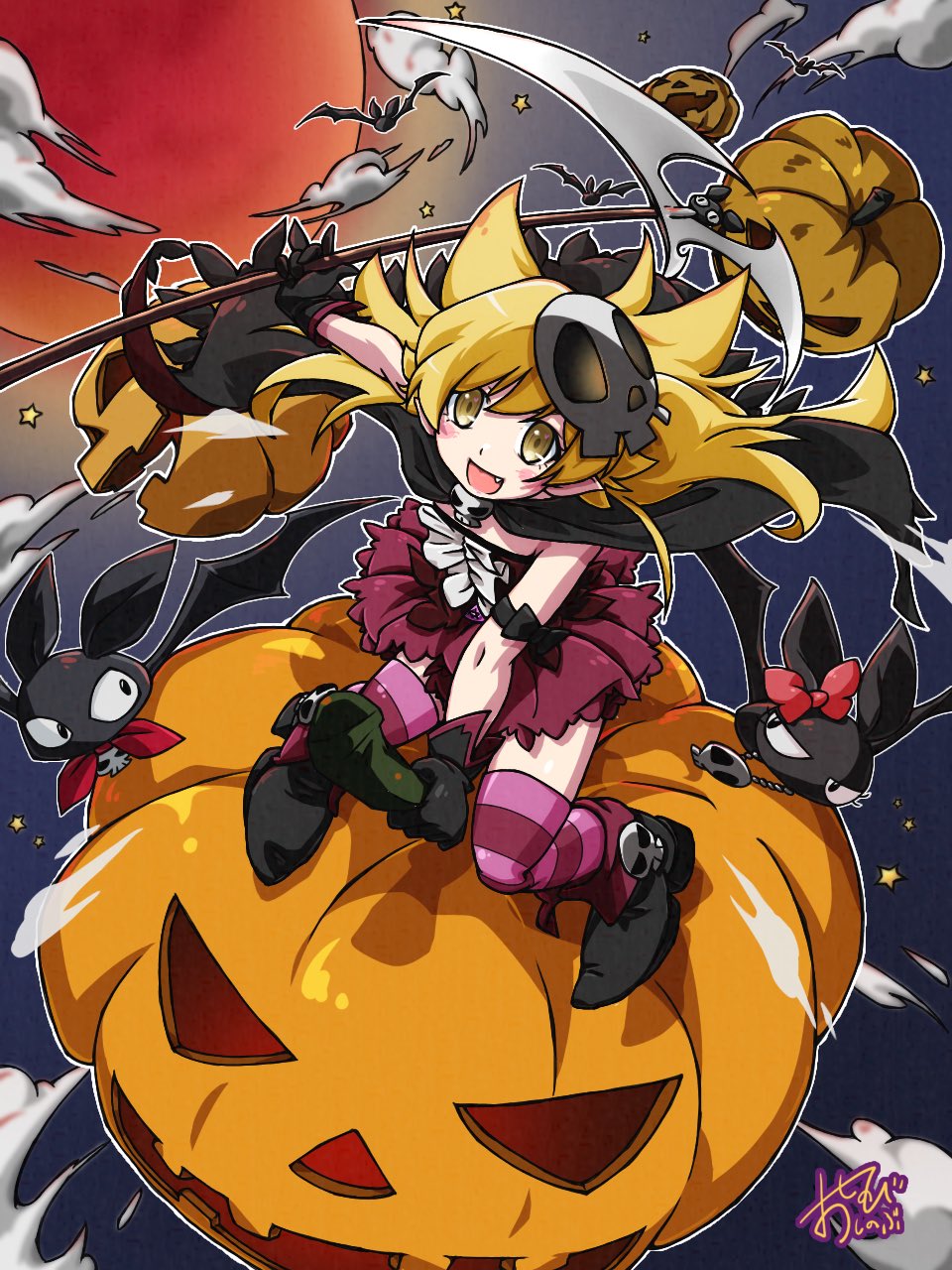 oshinobi shinobu, monogatari (series), highres, 1girl, arm bow, arm strap, bare arms, bat (animal), between legs, black boots, black cape, black gloves, blonde hair, blush stickers, boots, bow, bowtie, brown dress, cape, center frills, cloud, dot nose, dress, fang, flipped hair, floating, floating object, flying, fold-over boots, frilled dress, frills, full moon, gloves, hair between eyes, hair flaps, hair ornament, halloween, hand between legs, hand up, happy, holding, holding pumpkin, jack-o'-lantern, jewelry, leaning forward, long hair, moon, necklace, night, night sky, on pumpkin, open mouth, outdoors, outline, pink thighhighs, pointy ears, pumpkin, red bow, red moon, riding, ringed eyes, scythe, shadow, signature, skull brooch, skull hair ornament, skull necklace, sky, slit pupils, smile, solo, standing, star (sky), strapless, strapless dress, striped clothes, striped thighhighs, swept bangs, swinging weapon, thighhighs, two-sided fabric, very long hair, white outline, yellow eyes