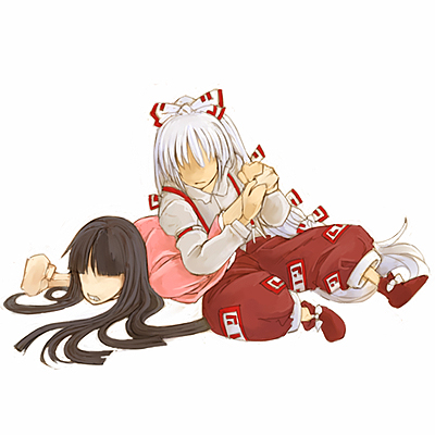 cervus, fujiwara no mokou, houraisan kaguya, touhou, lowres, 2girls, armlock, female focus, full body, hair ribbon, long hair, lying, multiple girls, pants, ribbon, simple background, wakigatame, white background, white hair