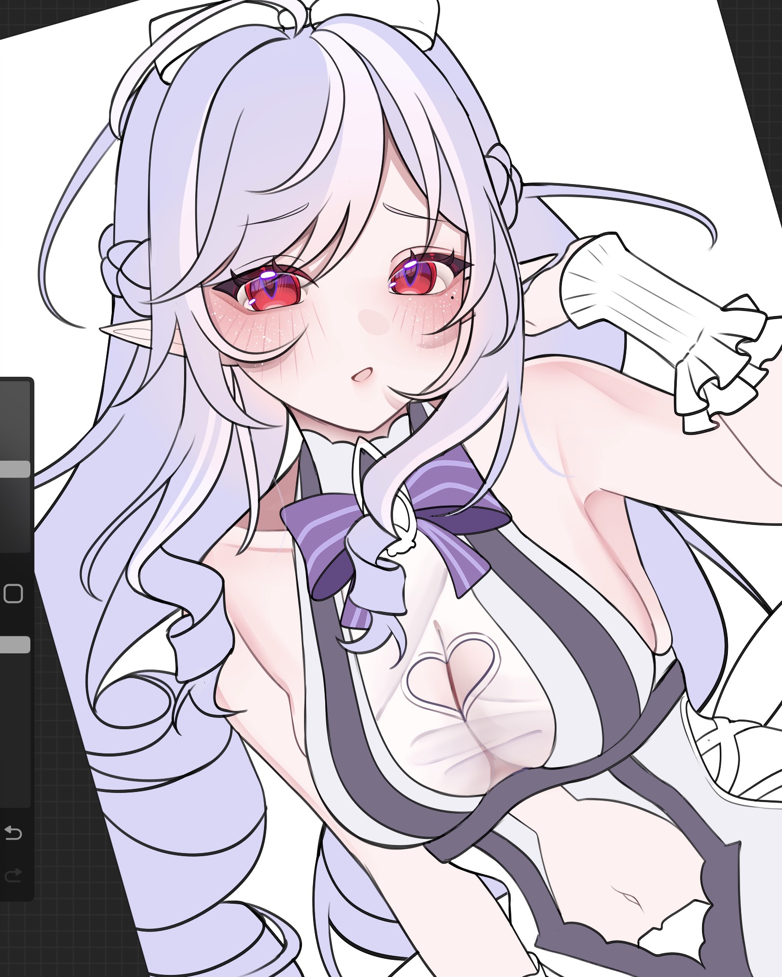 rosheil, vivian banshee, vivian banshee (iris of the shore), zenless zone zero, commentary, english commentary, highres, 1girl, arm behind head, art program in frame, blush, bow, bowtie, breasts, cleavage, cleavage cutout, clothing cutout, frilled wrist cuffs, frills, heart cutout, long hair, looking at viewer, medium breasts, mole, mole under eye, multicolored hair, navel, official alternate costume, one-piece swimsuit, parted bangs, parted lips, pointy ears, purple bow, purple bowtie, purple hair, red eyes, simple background, solo, stomach cutout, streaked hair, swimsuit, two-tone one-piece swimsuit, upper body, white background, white one-piece swimsuit, wrist cuffs