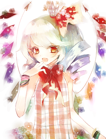 prino hawell, flandre scarlet, touhou, bad id, bad pixiv id, 1girl, drill hair, female focus, flower, plant, red eyes, solo, upper body, white background