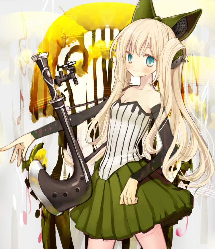 hanamura mai, tagme, blonde hair, blue eyes, instrument, skirt, smile, solo