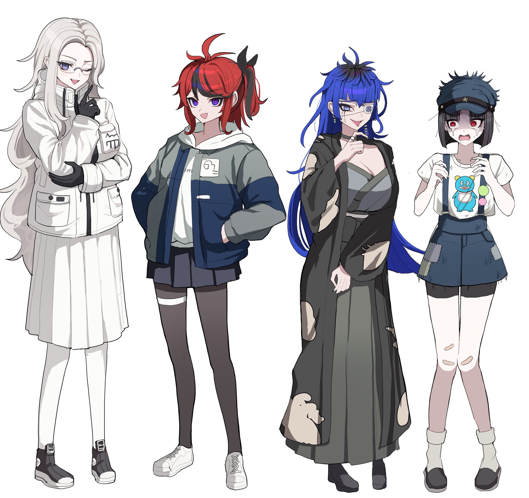 pakimoti, aotsuki eito, maruko gaku, omokage yugamu, sumino takumi, the hundred line -last defense academy-, commentary request, highres, 4girls, ahoge, bandaid, bandaid on knee, bandaid on leg, black choker, black gloves, black hair, black haori, black ribbon, black skirt, black streaks, black thighhighs, blue eyes, blue hair, blue hat, blue jacket, blue skirt, breast pocket, breasts, choker, cleavage, crying, crying with eyes open, earrings, eye print, eyepatch, face piercing, full body, genderswap, genderswap (mtf), glasses, gloves, grey hair, grey jacket, grey kimono, grin, hair ribbon, hakama, hakama skirt, hands in pockets, haori, hat, high ponytail, hood, hoodie, jacket, jacket over hoodie, japanese clothes, jewelry, kimono, knees together feet apart, large breasts, long hair, long skirt, looking at viewer, medium hair, miniskirt, multicolored hair, multicolored jacket, multiple girls, one eye closed, open clothes, open jacket, open mouth, patchwork clothes, piercing, pocket, ponytail, print eyepatch, print shirt, purple eyes, red eyes, red hair, ribbon, ring, shirt, shoes, short hair, simple background, skirt, smile, streaked hair, suspender skirt, suspenders, tears, thighhighs, triangle mouth, two-tone jacket, very long hair, white background, white hoodie, white jacket, white shirt, white shoes, white skirt, white thighhighs