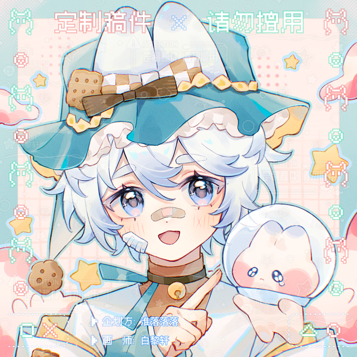original, highres, 1girl, :d, animal ears, bai li xuan, bandaid, bandaid on face, bandaid on nose, blue eyes, blue hair, blue hat, blush, double-parted bangs, hair between eyes, hand up, hat, looking at viewer, open mouth, portrait, rabbit ears, rabbit girl, shirt, short hair, smile, solo, watermark, white background, white shirt