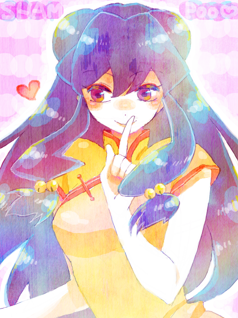 ar (rikuesuto), shampoo (ranma 1/2), ranma 1/2, bad id, bad pixiv id, 1girl, china dress, chinese clothes, dress, female focus, heart, long hair, purple hair, solo, tegaki