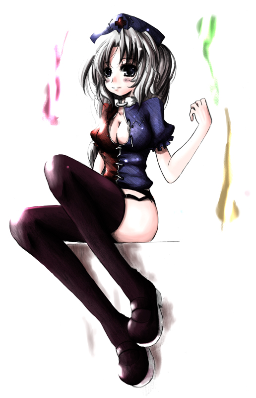 kurona, yagokoro eirin, touhou, silver hair, 1girl, bottomless, breasts, cleavage, female focus, full body, garter belt, hat, long hair, no pants, solo, thighhighs, white background