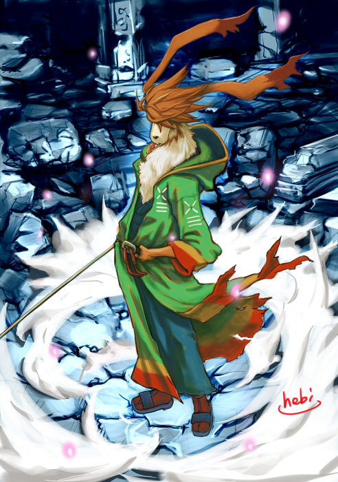 hebina masayoshi, scias, breath of fire, breath of fire iv, bad id, bad pixiv id, 1boy, animal ears, dog, full body, katana, male focus, solo, sword, torn clothes, weapon