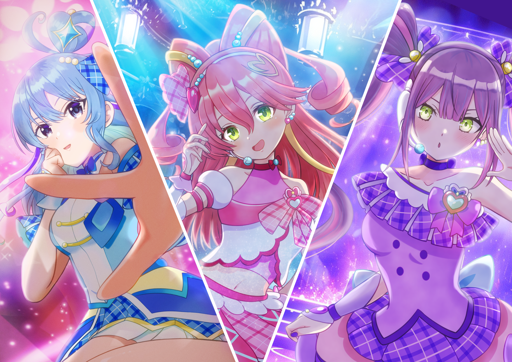 asukamama89, cure idol, cure kyunkyun, cure wink, hoshimachi suisei, sakura miko, tokoyami towa, hololive, kimi to idol precure, precure, commentary, highres, 3girls, :d, arm warmers, back bow, bare shoulders, blue bow, blue bowtie, blue dress, blue eyes, blue hair, blue wrist cuffs, blush, bow, bow-shaped hair, bow choker, bow skirt, bowtie, breasts, bridal gauntlets, brooch, bubble skirt, buttons, choker, collar, collarbone, color connection, cosplay, crop top, cure idol (cosplay), cure kyunkyun (cosplay), cure wink (cosplay), detached collar, detached sleeves, double-breasted, double-parted bangs, double bun, dress, drill hair, earrings, fingernails, green eyes, hair between eyes, hair bobbles, hair bun, hair ornament, hair ribbon, hairband, hand on own cheek, hand on own face, hand on own hip, hand up, head tilt, headset, heart, heart-shaped hair, heart brooch, heart earrings, idol, idol heart brooch (precure), impossible hair, jewelry, light particles, long hair, looking at viewer, magical girl, midriff, multicolored hair, multiple girls, nail polish, navel, off-shoulder dress, off shoulder, open hand, open mouth, parted lips, pink bow, pink bridal gauntlets, pink hair, pink skirt, pink streaks, pink wrist cuffs, plaid bow, plaid clothes, plaid dress, plaid skirt, plaid sleeves, pleated dress, puffy detached sleeves, puffy sleeves, purple choker, purple dress, purple hair, purple nails, purple wrist cuffs, reaching, reaching towards viewer, ribbon, salute, single bare shoulder, single earring, skirt, smile, spread fingers, stage, stage lights, star (symbol), star in eye, strapless, strapless dress, streaked hair, symbol in eye, tsurime, twin drills, twintails, two-tone hair, upper body, virtual youtuber, white collar, white hairband, wrist cuffs, yellow ribbon