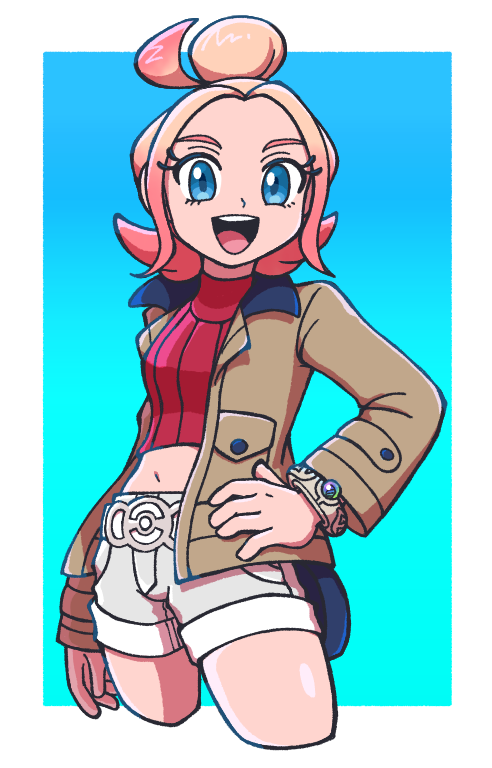 taunie (pokemon), nintendo, pokemon, pokemon legends: z-a, commentary request, 1girl, :d, blonde hair, blue eyes, border, bracelet, brown jacket, chako ( fuhs5537), collared jacket, cowboy shot, eyelashes, hair bun, happy, jacket, jewelry, long sleeves, looking at viewer, navel, open clothes, open jacket, open mouth, red shirt, ribbed shirt, shirt, shorts, smile, solo, teeth, tongue, upper teeth only, white border