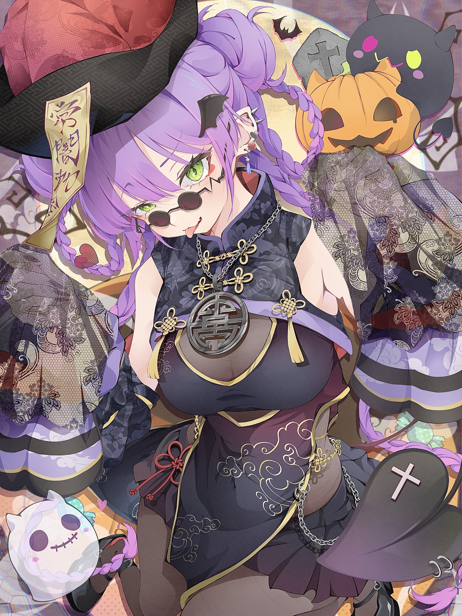 knr rer, bibi (tokoyami towa), tokoyami towa, hololive, highres, bare shoulders, black tail, breasts, china dress, chinese clothes, cowboy shot, demon girl, demon tail, detached sleeves, double bun, dress, green eyes, hair bun, halloween, jiangshi, large breasts, light smile, pumpkin, purple hair, sunglasses, tail, tongue, tongue out, virtual youtuber