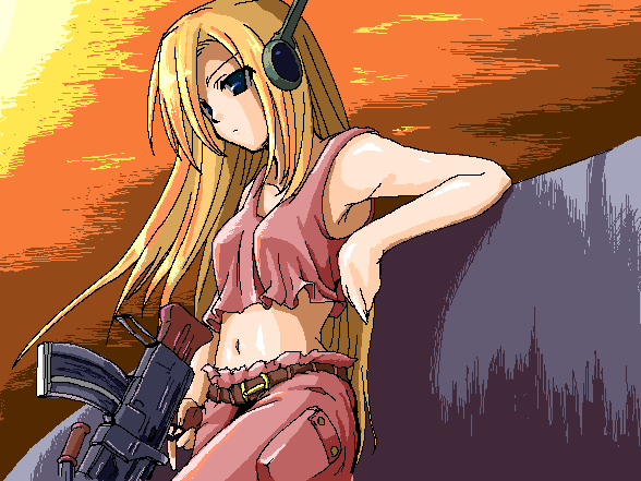 gizensha, curly brace, doukutsu monogatari, 1girl, armpits, belt, blonde hair, blue eyes, female focus, gun, long hair, machine gun, midriff, oekaki, pixel art, robot ears, solo, sunset, tank top, weapon