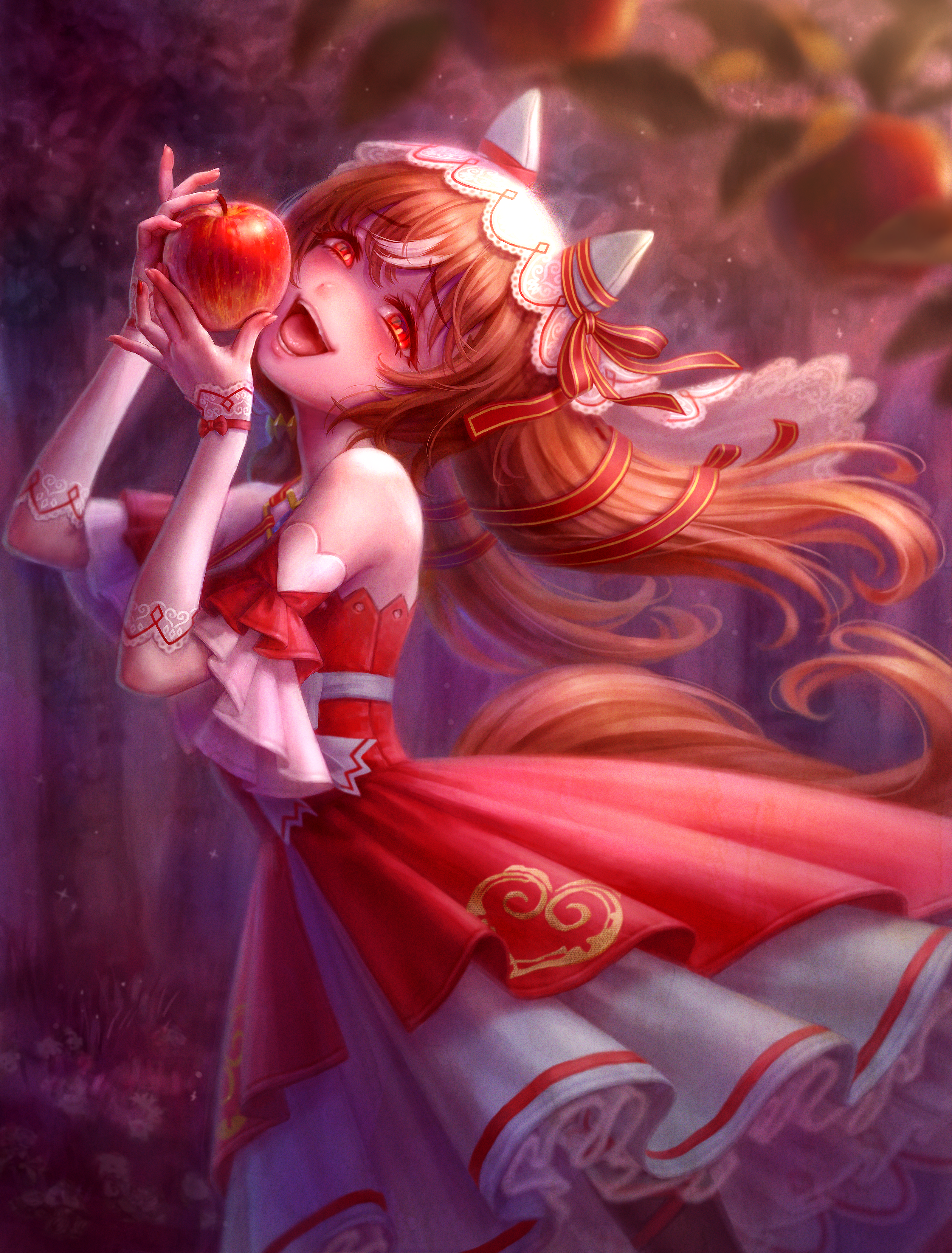 daiyou-uonome, still in love (scarlet vow raiment) (umamusume), still in love (umamusume), umamusume, absurdres, highres, 1girl, animal ears, apple, bare shoulders, black thighhighs, blush, bow, breasts, brown hair, detached sleeves, dress, ear covers, ear ribbon, food, fruit, hair between eyes, hair ornament, holding, holding food, holding fruit, horse ears, horse girl, horse tail, long hair, looking at viewer, open mouth, red dress, red eyes, ribbon, smile, solo, tail, teeth, thighhighs, tongue, veil, white veil, yandere, yandere trance