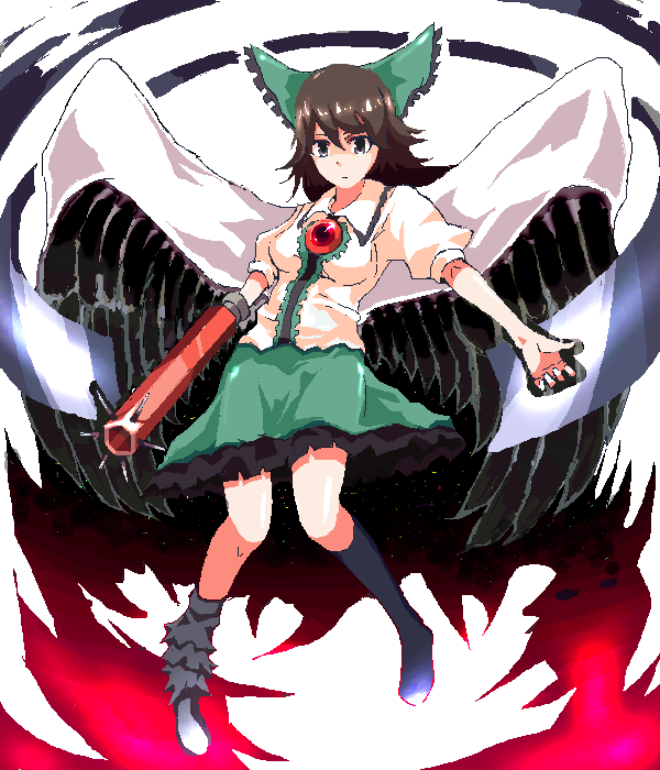 koke, koke (moromiso), reiuji utsuho, touhou, 1girl, arm cannon, asymmetrical legwear, black hair, black wings, bow, cape, collared shirt, female focus, frilled bow, frills, grey eyes, hair bow, long hair, shirt, short sleeves, skirt, solo, third eye, uneven legwear, weapon, wings