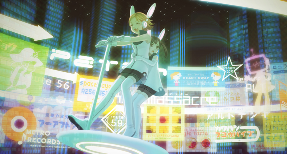 kirobaito, original, lights, 2girls, building, city, cityscape, flying, multiple girls, neon lights, robot ears, smile, thighhighs, zettai ryouiki