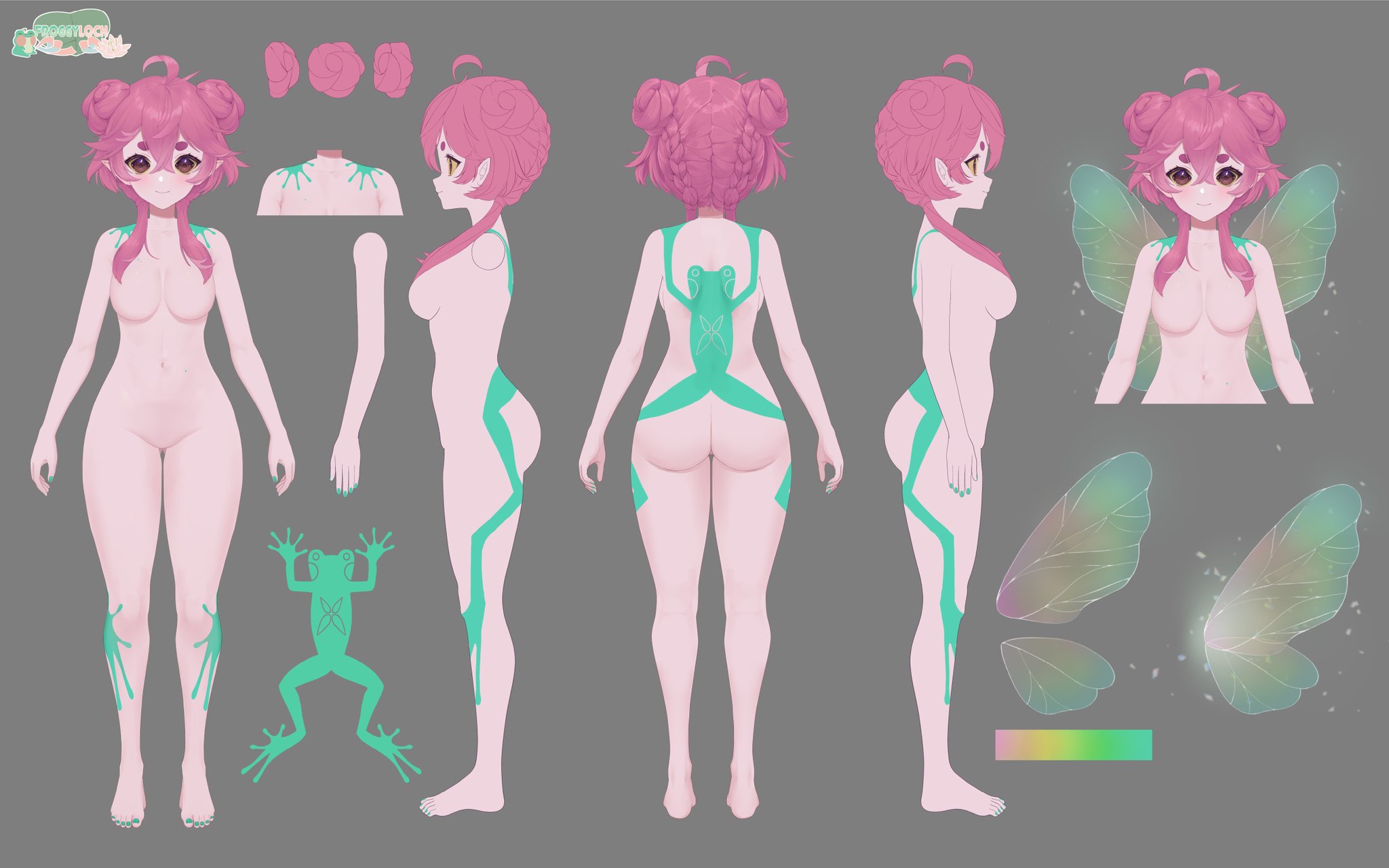 froggyloch, froggyloch (vtuber), indie virtual youtuber, highres, official art, 1girl, ahoge, ass, breasts, colored sclera, colored skin, fairy, feet, frog, legs, no nipples, nude, pink hair, pink skin, reference sheet, shortstack, thick thighs, thighs, virtual youtuber, wide hips, wings, yellow sclera